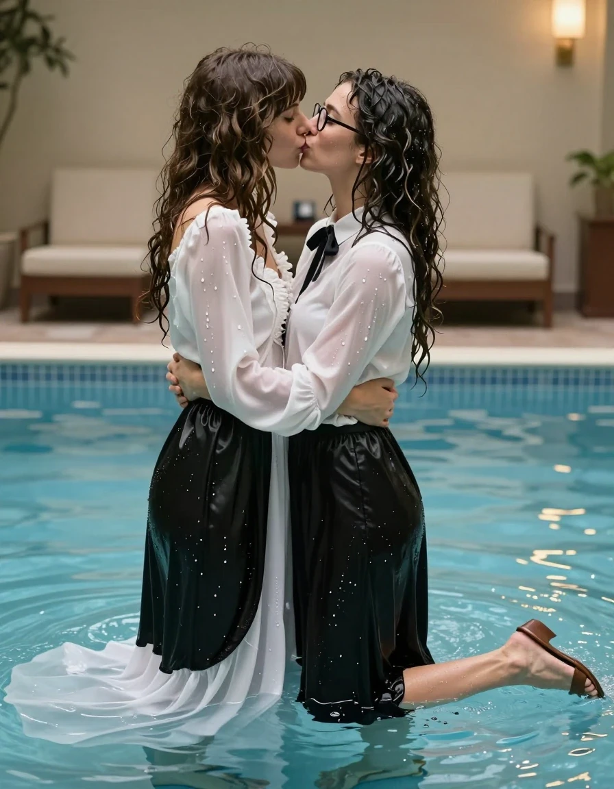 photo of young woman, in soaking wet, drenched clothes,
sandals, floor-length black silk skirt, black bowtie, overized long sleeved white silk blouse, glasses, long curly hair, in an empty hotel pool fully dressed, 
enjoying, wet clothes stuck to body,
detailed textures of the wet clothes, wet face, wet plastered hair,
wet, drenched, professional, high-quality details, full body view.
sharp focus, ultra-high pixel detail, realistic, high-quality, full colors, incredibly detailed, 4k, 8k, 16k, hyper-realistic, RAW photo, masterpiece, ultra-detailed, professionally color graded, professional photograph, kissing another beatles-haired woman in a long victorian wedding dress, wet skin, wet clothes, damp fabric