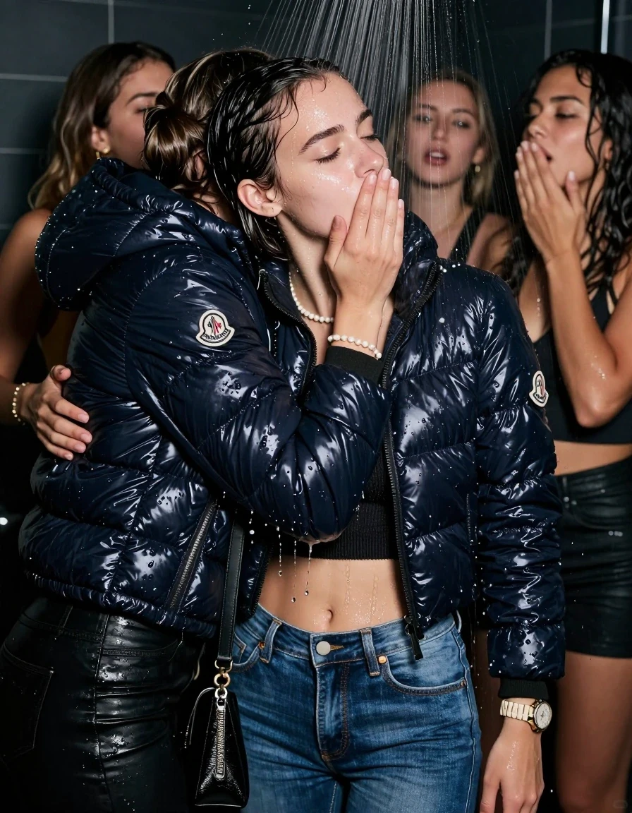 photo of young woman, in soaking wet, drenched clothes,
, Skinny jeans, Moncler shiny puffer down jacket, sweater belly free, shoulderbag, pearl necklace, bracelet, wristwatch, Orgasm Under the shower, strong jet of water, party room, 
enjoying, wet clothes stuck to body,
detailed textures of the wet clothes, wet face, wet plastered hair,
wet, drenched, professional, high-quality details, full body view.
sharp focus, ultra-high pixel detail, realistic, high-quality, full colors, incredibly detailed, 4k, 8k, 16k, hyper-realistic, RAW photo, masterpiece, ultra-detailed, professionally color graded, professional photograph, Topknot

 18 years old  teenage girl and her female  friends

Only head and shoulders are over the surface visible. Looking up to the side.  closed eyes . Her mouth is covered by her friends Hand. hugs her friend.

The girls wear different clothes.

she is completely underwater up to her neck, horny and Strenuous painful expression. 

her clothing is soaking wet and clinging tightly to her skin, showing heavy wet folds, darkened fabric texture, and deep water-saturated Patches, her clothes are heavy from the water, water runs from her body and her clothes in streams. A lot of water also runs out of her clothes. Her clothes are darkened by the water. Her submerged clothes are good visible under the water.  she soaked her handbag into the water.

close up view, wet skin, wet clothes, wet hair, damp fabric, water runs down the clothes, wet skin, wet clothes, damp fabric. cinematic medium shot, hyper-realistic wetness, high-contrast water sheen, sharp focus, 16k resolution, professional photography, realistic water physics., wet skin, wet clothes, damp fabric, wet skin, wet clothes, damp fabric, wet skin, wet clothes, damp fabric, wet skin, wet clothes, damp fabric, wet skin, wet clothes, damp fabric, wet skin, wet clothes, damp fabric, wet skin, wet clothes, damp fabric, wet skin, wet clothes, damp fabric