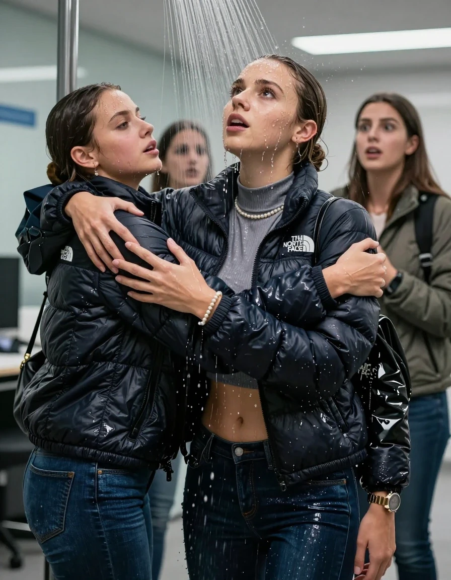 photo of young woman, in soaking wet, drenched clothes,
, Skinny jeans, North face puffer down jacket, tight turtleneck sweater belly free, shoulderbag, pearl necklace, bracelet, wristwatch, Under the shower standing in a tube, strong jet of water, at office , 
enjoying, wet clothes stuck to body,
detailed textures of the wet clothes, wet face, wet plastered hair,
wet, drenched, professional, high-quality details, full body view.
sharp focus, ultra-high pixel detail, realistic, high-quality, full colors, incredibly detailed, 4k, 8k, 16k, hyper-realistic, RAW photo, masterpiece, ultra-detailed, professionally color graded, professional photograph, Brunette Sleek bun

 15-years-old  teenage girl and her female  friends

Only head and shoulders are over the surface visible. Looking up. Open mouth, half big eyes . hugs her friend. Water running down her face and neck.

The girls wear different clothes and jackets.

she is completely underwater up to her neck, horny and astonished expression. 

her clothing is soaking wet and clinging tightly to her skin, showing heavy wet folds, darkened fabric texture, and deep water-saturated Patches, her clothes are heavy from the water, water runs from her body and her clothes in streams. A lot of water also runs out of her clothes. Her clothes are darkened by the water. Her submerged clothes are good visible under the water.  she soaked her handbag into the water.

close up view, wet skin, wet clothes, wet hair, damp fabric, water runs down the clothes, wet skin, wet clothes, damp fabric. cinematic medium shot, hyper-realistic wetness, high-contrast water sheen, sharp focus, 16k resolution, professional photography, realistic water physics., wet skin, wet clothes, damp fabric, wet skin, wet clothes, damp fabric, wet skin, wet clothes, damp fabric, wet skin, wet clothes, damp fabric, wet skin, wet clothes, damp fabric, wet skin, wet clothes, damp fabric, wet skin, wet clothes, damp fabric, wet skin, wet clothes, damp fabric, wet skin, wet clothes, damp fabric