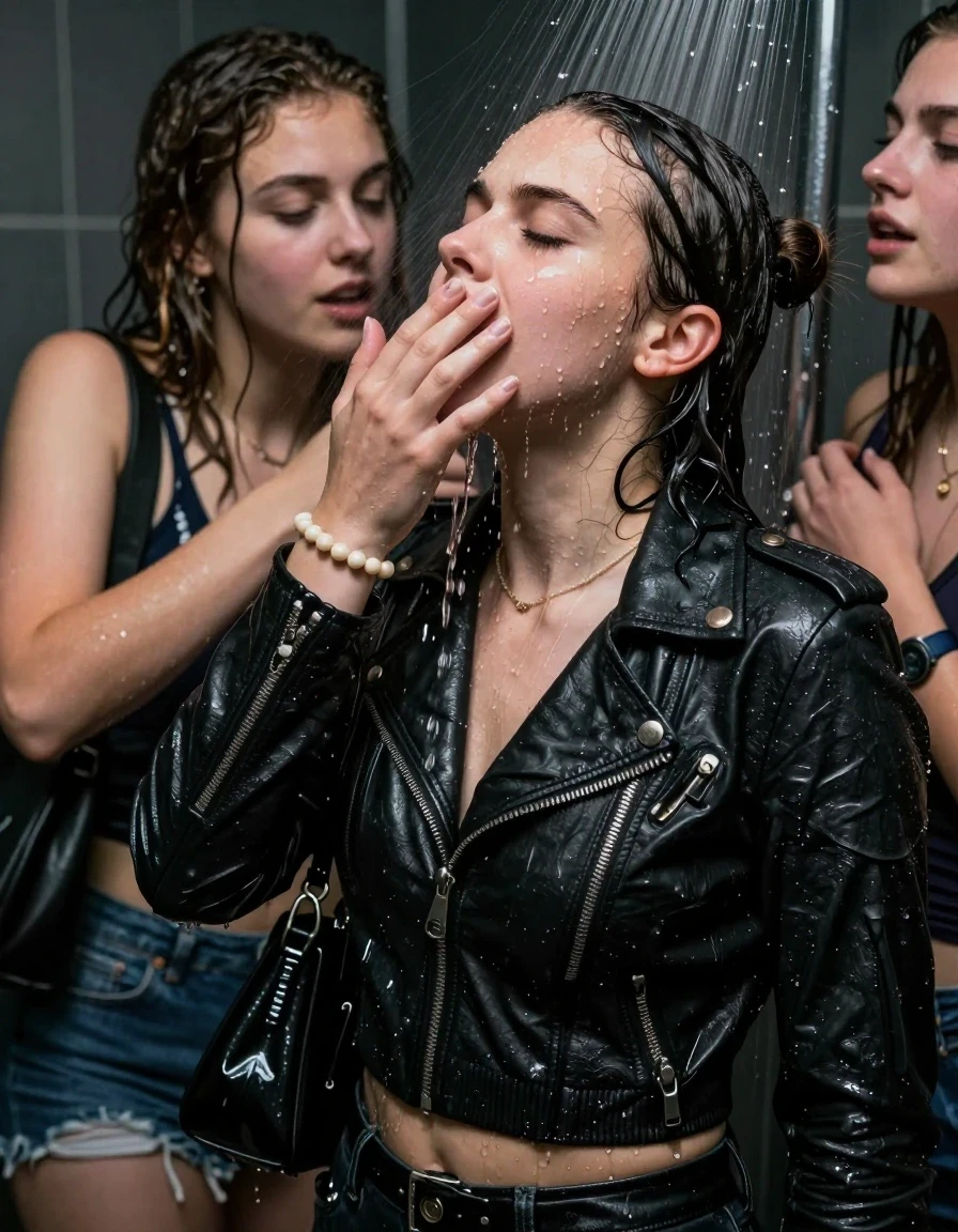 photo of young woman, in soaking wet, drenched clothes,
, , Biker leatherjacket, v- neck sweater belly free, shoulderbag, pearl necklace, bracelet, wristwatch, Intense Orgasm Under the shower, strong jet of water, party room, 
enjoying, wet clothes stuck to body,
detailed textures of the wet clothes, wet face, wet plastered hair,
wet, drenched, professional, high-quality details, full body view.
sharp focus, ultra-high pixel detail, realistic, high-quality, full colors, incredibly detailed, 4k, 8k, 16k, hyper-realistic, RAW photo, masterpiece, ultra-detailed, professionally color graded, professional photograph, Topknot

 21 years old  school girl and her female  friends

Only head and shoulders are over the surface visible. Looking up to the side.  closed eyes . Her mouth is covered by her friends Hand. hugs her friend. Water running down her face and neck.

The girls wear different clothes.

she is completely underwater up to her neck, horny and painful expression. 

her clothing is soaking wet and clinging tightly to her skin, showing heavy wet folds, darkened fabric texture, and deep water-saturated Patches, her clothes are heavy from the water, water runs from her body and her clothes in streams. A lot of water also runs out of her clothes. Her clothes are darkened by the water. Her submerged clothes are good visible under the water.  she soaked her handbag into the water.

close up view, wet skin, wet clothes, wet hair, damp fabric, water runs down the clothes, wet skin, wet clothes, damp fabric. cinematic medium shot, hyper-realistic wetness, high-contrast water sheen, sharp focus, 16k resolution, professional photography, realistic water physics., wet skin, wet clothes, damp fabric, wet skin, wet clothes, damp fabric, wet skin, wet clothes, damp fabric, wet skin, wet clothes, damp fabric, wet skin, wet clothes, damp fabric, wet skin, wet clothes, damp fabric, wet skin, wet clothes, damp fabric, wet skin, wet clothes, damp fabric, wet skin, wet clothes, damp fabric