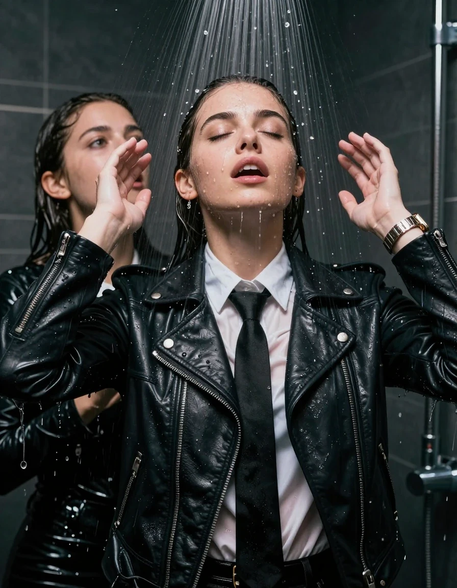 photo of young woman, in soaking wet, drenched clothes,
, , Biker leatherjacket, long sleeve smart white shirt and black tie, bracelet, wristwatch, Under the shower, strong jet of water, party room, 
enjoying, wet clothes stuck to body,
detailed textures of the wet clothes, wet face, wet plastered hair,
wet, drenched, professional, high-quality details, full body view.
sharp focus, ultra-high pixel detail, realistic, high-quality, full colors, incredibly detailed, 4k, 8k, 16k, hyper-realistic, RAW photo, masterpiece, ultra-detailed, professionally color graded, professional photograph, Two 18 year old ladies

Only head and shoulders are over the surface visible. Open mouth, closed eyes. Looking up. Hands up.

The girls wear different clothes.

she is completely underwater up to her neck, surprised and astonished expression. 

her clothing is soaking wet and clinging tightly to her skin, showing heavy wet folds, darkened fabric texture, and deep water-saturated Patches, her clothes are heavy from the water, water runs from her body and her clothes in streams. A lot of water also runs out of her clothes. Her clothes are darkened by the water. Her submerged clothes are good visible under the water.  she soaked her handbag into the water.

close up view, wet skin, wet clothes, wet hair, damp fabric, water runs down the clothes, wet skin, wet clothes, damp fabric. cinematic medium shot, hyper-realistic wetness, high-contrast water sheen, sharp focus, 16k resolution, professional photography, realistic water physics., wet skin, wet clothes, damp fabric, wet skin, wet clothes, damp fabric, wet skin, wet clothes, damp fabric, wet skin, wet clothes, damp fabric, wet skin, wet clothes, damp fabric, wet skin, wet clothes, damp fabric