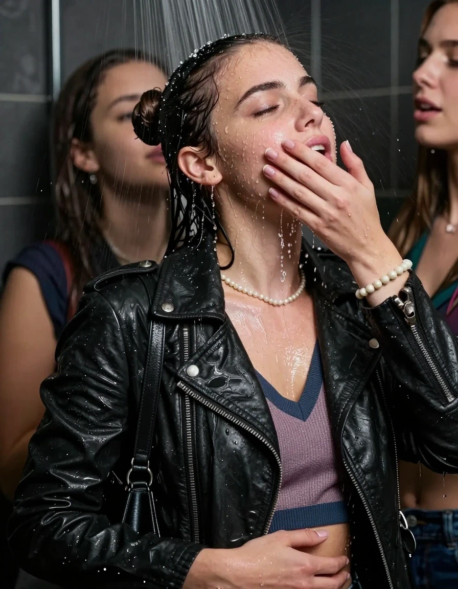 photo of young woman, in soaking wet, drenched clothes,
, , Biker leatherjacket, v- neck sweater belly free, shoulderbag, pearl necklace, bracelet, wristwatch, Strong Orgasm Under the shower, strong jet of water, party room, 
enjoying, wet clothes stuck to body,
detailed textures of the wet clothes, wet face, wet plastered hair,
wet, drenched, professional, high-quality details, full body view.
sharp focus, ultra-high pixel detail, realistic, high-quality, full colors, incredibly detailed, 4k, 8k, 16k, hyper-realistic, RAW photo, masterpiece, ultra-detailed, professionally color graded, professional photograph, Topknot

 21 years old  school girl and her female  friends

Only head and shoulders are over the surface visible. Looking up to the side.  closed eyes . Her mouth is covered by her friends Hand. hugs her friend. Water running down her face and neck.

The girls wear different clothes.

she is completely underwater up to her neck, horny and painful expression. 

her clothing is soaking wet and clinging tightly to her skin, showing heavy wet folds, darkened fabric texture, and deep water-saturated Patches, her clothes are heavy from the water, water runs from her body and her clothes in streams. A lot of water also runs out of her clothes. Her clothes are darkened by the water. Her submerged clothes are good visible under the water.  she soaked her handbag into the water.

close up view, wet skin, wet clothes, wet hair, damp fabric, water runs down the clothes, wet skin, wet clothes, damp fabric. cinematic medium shot, hyper-realistic wetness, high-contrast water sheen, sharp focus, 16k resolution, professional photography, realistic water physics., wet skin, wet clothes, damp fabric, wet skin, wet clothes, damp fabric, wet skin, wet clothes, damp fabric, wet skin, wet clothes, damp fabric, wet skin, wet clothes, damp fabric, wet skin, wet clothes, damp fabric, wet skin, wet clothes, damp fabric, wet skin, wet clothes, damp fabric, wet skin, wet clothes, damp fabric