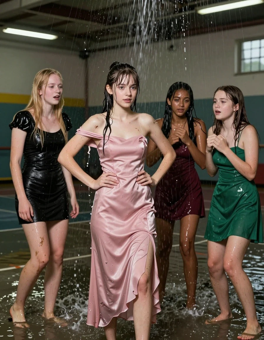 photo of young woman, in soaking wet, drenched clothes,
, , dress, 4 college girls playing after homecoming on a dark flooded and abandoned gym with all its lights when it started pouring water from the ceiling on them, they are all dirty and covered in muck, 
enjoying, wet clothes stuck to body,
detailed textures of the wet clothes, wet face, wet plastered hair,
wet, drenched, professional, high-quality details, full body view.
sharp focus, ultra-high pixel detail, realistic, high-quality, full colors, incredibly detailed, 4k, 8k, 16k, hyper-realistic, RAW photo, masterpiece, ultra-detailed, professionally color graded, professional photograph, college girls both having fun together. All a similar age, a small nineteen year old girl, with a flat and slim body, skinny body, flat and skinny chest, a She has a wide square young face but a small very skinny waist and skinny legs, a very small chest and very small breasts, she is a pale brunette with ponytail and bangs, She has a small body, She is full of youthful energy. wearing a pink formal satin cocktail dress with a straight neckline with broken shoulder dress straps falling off her shoulder, her right dress strap has fallen off her shoulder and down her arm, she has her hands on her hips and her broke dress falls around her arms exposing her naked breasts. Her friend has blonde hair and is quite skinny, ,a wide square face, she is wearing a fit black short sleeve coctail dress. The third girl is 19, with a tan complexion and dark black hair, she is wearing a maroon mini dress, The 4th girl is brunette with a small body and thin legs, she is wearing a green strapless prom dress and is struggling to keep the top pulled up under all the water, all of them except the blonde girl have very small breasts. wet skin, wet clothes, damp fabric,, wet skin, wet clothes, damp fabric, wet skin, wet clothes, damp fabric, wet skin, wet clothes, damp fabric, wet skin, wet clothes, damp fabric, wet skin, wet clothes, damp fabric, wet skin, wet clothes, damp fabric, wet skin, wet clothes, damp fabric, wet skin, wet clothes, damp fabric, wet skin, wet clothes, damp fabric, wet skin, wet clothes, damp fabric