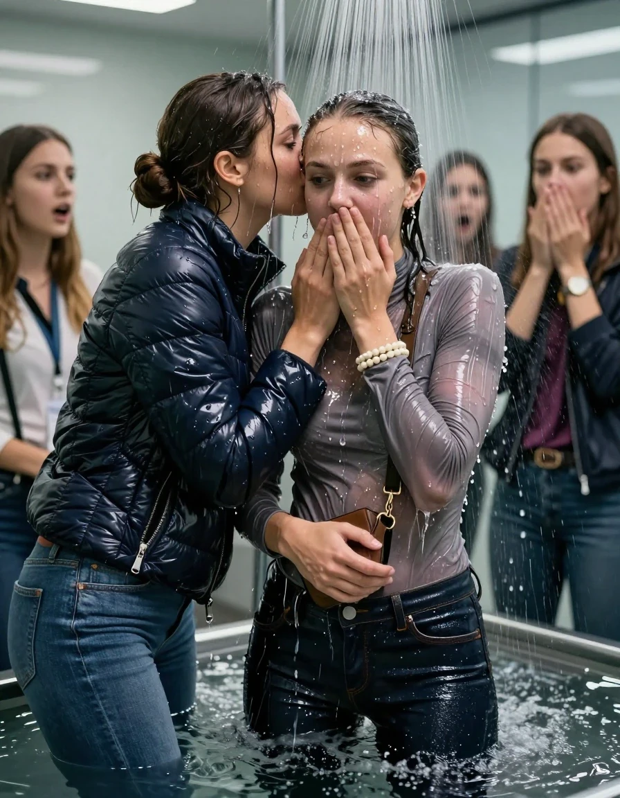 photo of young woman, in soaking wet, drenched clothes,
, Skinny jeans, Moncler shiny puffer down jacket, tight turtleneck sweater belly free, shoulderbag, pearl necklace, bracelet, wristwatch, Under the shower, strong jet of water, at office , 
enjoying, wet clothes stuck to body,
detailed textures of the wet clothes, wet face, wet plastered hair,
wet, drenched, professional, high-quality details, full body view.
sharp focus, ultra-high pixel detail, realistic, high-quality, full colors, incredibly detailed, 4k, 8k, 16k, hyper-realistic, RAW photo, masterpiece, ultra-detailed, professionally color graded, professional photograph, Brunette Sleek bun

 15-years-old  teenage girl and her female  friends

Only head and shoulders are over the surface visible. Looking at camera. Open mouth, half big eyes . Hold her hands on her mouth and nose . hugs her friend. Water running down her face and neck.

The girls wear different clothes and down jackets.

she is completely underwater up to her neck, horny and astonished expression. 

her clothing is soaking wet and clinging tightly to her skin, showing heavy wet folds, darkened fabric texture, and deep water-saturated Patches, her clothes are heavy from the water, water runs from her body and her clothes in streams. A lot of water also runs out of her clothes. Her clothes are darkened by the water. Her submerged clothes are good visible under the water.  she soaked her handbag into the water.

close up view, wet skin, wet clothes, wet hair, damp fabric, water runs down the clothes, wet skin, wet clothes, damp fabric. cinematic medium shot, hyper-realistic wetness, high-contrast water sheen, sharp focus, 16k resolution, professional photography, realistic water physics., wet skin, wet clothes, damp fabric, wet skin, wet clothes, damp fabric, wet skin, wet clothes, damp fabric, wet skin, wet clothes, damp fabric, wet skin, wet clothes, damp fabric, wet skin, wet clothes, damp fabric, wet skin, wet clothes, damp fabric, wet skin, wet clothes, damp fabric, wet skin, wet clothes, damp fabric