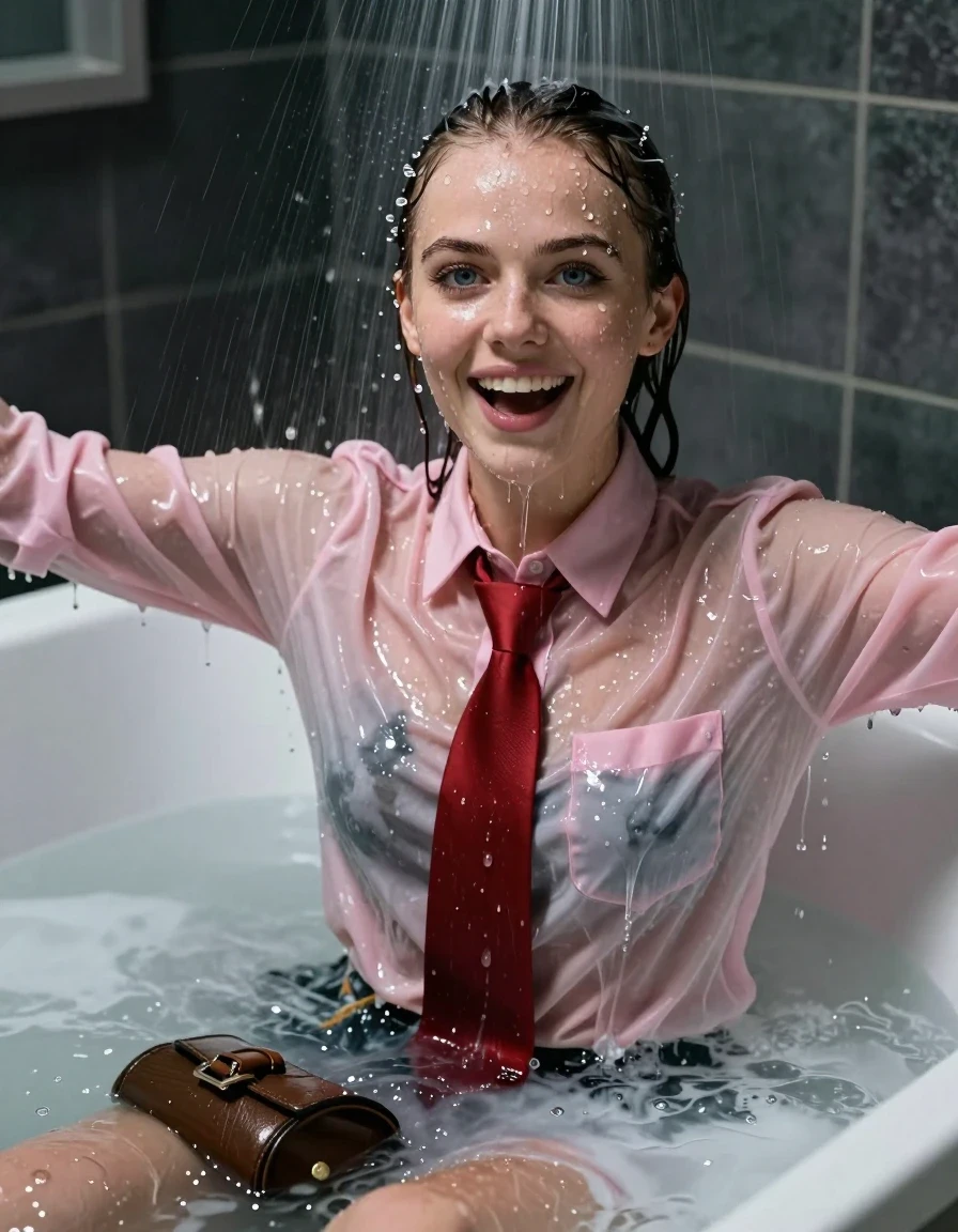 photo of young woman, in soaking wet, drenched clothes,
, , long sleeve pink smart buttoned down shirt, red tie, Under the milky shower, sitting in a deep filled bath, strong jet of milk, party room, 
enjoying, wet clothes stuck to body,
detailed textures of the wet clothes, wet face, wet plastered hair,
wet, drenched, professional, high-quality details, full body view.
sharp focus, ultra-high pixel detail, realistic, high-quality, full colors, incredibly detailed, 4k, 8k, 16k, hyper-realistic, RAW photo, masterpiece, ultra-detailed, professionally color graded, professional photograph, An 18 year old Swedish lady

Only head and shoulders are over the surface visible. Open mouth smiling, open blue eyes looking at camera, arms outstretched . Water running down her face and neck
No bra.

she is completely underwater up to her neck, surprised and astonished expression. 

her clothing is soaking wet and clinging tightly to her skin, showing heavy wet folds, darkened fabric texture, and deep water-saturated Patches, her clothes are heavy from the water, water runs from her body and her clothes in streams. A lot of water also runs out of her clothes. Her clothes are darkened by the water. Her submerged clothes are good visible under the water.  she soaked her handbag into the water.

close up view, wet skin, wet clothes, wet hair, damp fabric, water runs down the clothes, wet skin, wet clothes, damp fabric. cinematic medium shot, hyper-realistic wetness, high-contrast water sheen, sharp focus, 16k resolution, professional photography, realistic water physics., wet skin, wet clothes, damp fabric, wet skin, wet clothes, damp fabric, wet skin, wet clothes, damp fabric, wet skin, wet clothes, damp fabric, wet skin, wet clothes, damp fabric, wet skin, wet clothes, damp fabric