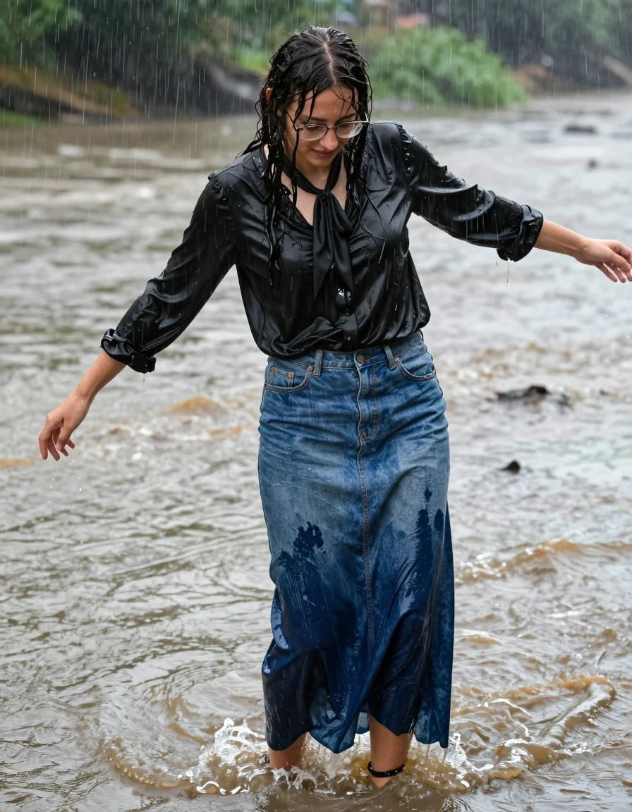 A photorealistic medium shot of a young adult European woman with long curly hair and glasses, wearing an oversized long-sleeved black silk blouse with a bowtie, and a floor-length denim skirt paired with sandals. The woman is standing in a flooded river during a scorching hot summer rainfall, desperately struggling to maintain her balance and not sink into the muddy water. The black silk blouse is drenched, clinging to her body with a translucent wet sheen, while the floor-length denim skirt is a soaking-wet blue denim, water-saturated heavyweight denim, blue changed to deep navy and indigo, substantially darker unevenly soaked patches, absorbed water, heavy wet folds, visible weave and stitching, and strong glossy specular reflections on the raised weave, seams, and creases. Her skin is glistening with wetness from the heavy rain, hair matted and damp. The environment features a riverbed during a summer downpour, with visible rain streaks, water splashing around her feet, and a humid, bright, high-contrast atmosphere. Hyper-realistic textures, 8k resolution, cinematic lighting, sharp focus on the wet fabric and textures.