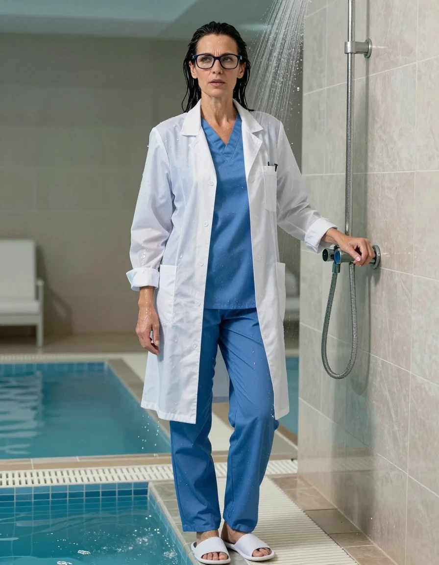 photo of young woman, in soaking wet, drenched clothes,
white slippers, blue scrubs, blue scrubs, maxi white labcoat, taking shower after bath in indoor swimming pool, enjoying wet clothes stuck body, enjoying, wet clothes stuck to body, 
enjoying, wet clothes stuck to body,
detailed textures of the wet clothes, wet face, wet plastered hair,
wet, drenched, professional, high-quality details, full body view.
sharp focus, ultra-high pixel detail, realistic, high-quality, full colors, incredibly detailed, 4k, 8k, 16k, hyper-realistic, RAW photo, masterpiece, ultra-detailed, professionally color graded, professional photograph, europen brunette skinny woman 50 years old, long dark black hair, office glasses, very big and thick lips, complete body, wet skin, wet clothes, damp fabric, wet skin, wet clothes, damp fabric, wet skin, wet clothes, damp fabric, wet skin, wet clothes, damp fabric, wet skin, wet clothes, damp fabric, wet skin, wet clothes, damp fabric, wet skin, wet clothes, damp fabric