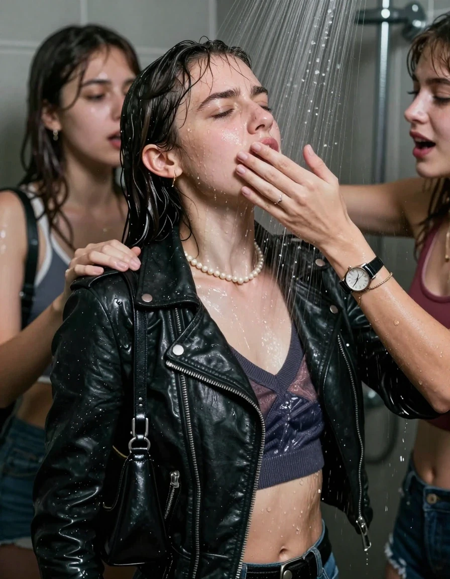 photo of young woman, in soaking wet, drenched clothes,
, , Biker leatherjacket, v- neck sweater belly free, shoulderbag, pearl necklace, bracelet, wristwatch, Intense Orgasm Under the shower, strong jet of water, party room, 
enjoying, wet clothes stuck to body,
detailed textures of the wet clothes, wet face, wet plastered hair,
wet, drenched, professional, high-quality details, full body view.
sharp focus, ultra-high pixel detail, realistic, high-quality, full colors, incredibly detailed, 4k, 8k, 16k, hyper-realistic, RAW photo, masterpiece, ultra-detailed, professionally color graded, professional photograph, Sleek long  ponytail with bangs

 21 years old  school girl and her female  friends

Only head and shoulders are over the surface visible. Looking slightly away. Open mouth, closed eyes . Her mouth is covered by her friends Hand. hugs her friend. Water running down her face and neck.

The girls wear different clothes.

she is completely underwater up to her neck, horny and painful expression. 

her clothing is soaking wet and clinging tightly to her skin, showing heavy wet folds, darkened fabric texture, and deep water-saturated Patches, her clothes are heavy from the water, water runs from her body and her clothes in streams. A lot of water also runs out of her clothes. Her clothes are darkened by the water. Her submerged clothes are good visible under the water.  she soaked her handbag into the water.

close up view, wet skin, wet clothes, wet hair, damp fabric, water runs down the clothes, wet skin, wet clothes, damp fabric. cinematic medium shot, hyper-realistic wetness, high-contrast water sheen, sharp focus, 16k resolution, professional photography, realistic water physics., wet skin, wet clothes, damp fabric, wet skin, wet clothes, damp fabric, wet skin, wet clothes, damp fabric, wet skin, wet clothes, damp fabric, wet skin, wet clothes, damp fabric, wet skin, wet clothes, damp fabric, wet skin, wet clothes, damp fabric, wet skin, wet clothes, damp fabric, wet skin, wet clothes, damp fabric
