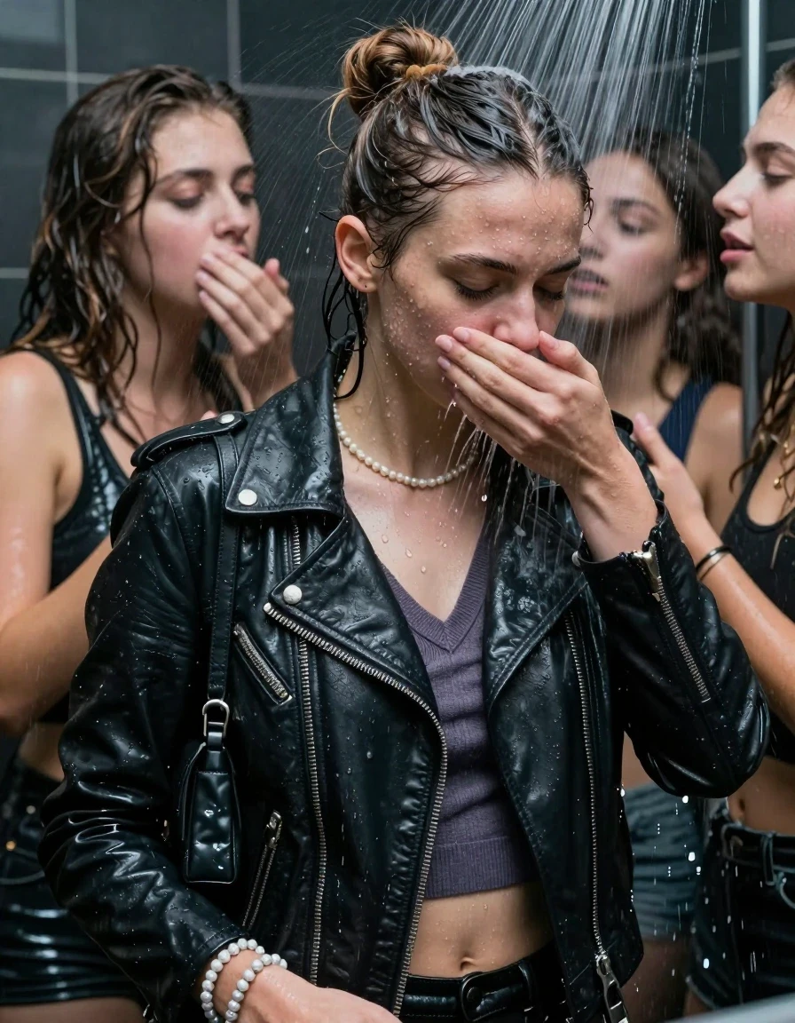 photo of young woman, in soaking wet, drenched clothes,
, , Biker leatherjacket, v- neck sweater belly free, shoulderbag, pearl necklace, bracelet, wristwatch, Orgasm Under the shower, strong jet of water, party room, 
enjoying, wet clothes stuck to body,
detailed textures of the wet clothes, wet face, wet plastered hair,
wet, drenched, professional, high-quality details, full body view.
sharp focus, ultra-high pixel detail, realistic, high-quality, full colors, incredibly detailed, 4k, 8k, 16k, hyper-realistic, RAW photo, masterpiece, ultra-detailed, professionally color graded, professional photograph, Topknot

 21 years old  school girl and her female  friends

Only head and shoulders are over the surface visible. Looking down to the side.  closed eyes . Her mouth is covered by her friends Hand. hugs her friend.

The girls wear different clothes.

she is completely underwater up to her neck, horny and painful expression. 

her clothing is soaking wet and clinging tightly to her skin, showing heavy wet folds, darkened fabric texture, and deep water-saturated Patches, her clothes are heavy from the water, water runs from her body and her clothes in streams. A lot of water also runs out of her clothes. Her clothes are darkened by the water. Her submerged clothes are good visible under the water.  she soaked her handbag into the water.

close up view, wet skin, wet clothes, wet hair, damp fabric, water runs down the clothes, wet skin, wet clothes, damp fabric. cinematic medium shot, hyper-realistic wetness, high-contrast water sheen, sharp focus, 16k resolution, professional photography, realistic water physics., wet skin, wet clothes, damp fabric, wet skin, wet clothes, damp fabric, wet skin, wet clothes, damp fabric, wet skin, wet clothes, damp fabric, wet skin, wet clothes, damp fabric, wet skin, wet clothes, damp fabric, wet skin, wet clothes, damp fabric, wet skin, wet clothes, damp fabric, wet skin, wet clothes, damp fabric