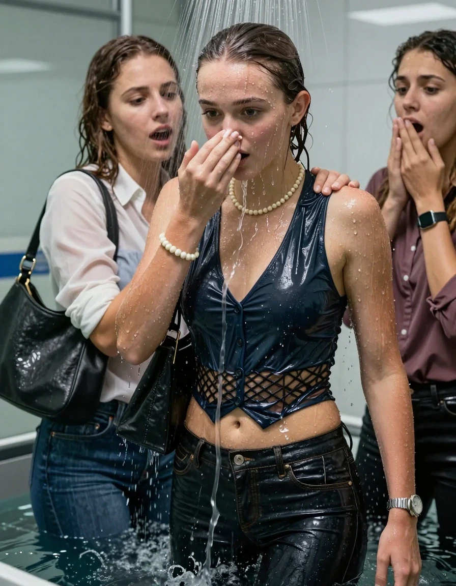 photo of young woman, in soaking wet, drenched clothes,
, Skinny jeans, V-neck vest with a diamond pattern belly free, shoulderbag, pearl necklace, bracelet, wristwatch, Under the shower emerging in a tube, strong jet of water, at office , 
enjoying, wet clothes stuck to body,
detailed textures of the wet clothes, wet face, wet plastered hair,
wet, drenched, professional, high-quality details, full body view.
sharp focus, ultra-high pixel detail, realistic, high-quality, full colors, incredibly detailed, 4k, 8k, 16k, hyper-realistic, RAW photo, masterpiece, ultra-detailed, professionally color graded, professional photograph, Brunette Sleek bun

 15-years-old  teenage girl and her female  friends

Only head and shoulders are over the surface visible. Looking down. Open mouth, big eyes . Covers her nose with a hand. hugs her friend. Water running down her face and neck.

The girls wear different clothes and jackets.

she is completely underwater up to her neck, horny and astonished expression. 

her clothing is soaking wet and clinging tightly to her skin, showing heavy wet folds, darkened fabric texture, and deep water-saturated Patches, her clothes are heavy from the water, water runs from her body and her clothes in streams. A lot of water also runs out of her clothes. Her clothes are darkened by the water. Her submerged clothes are good visible under the water.  she soaked her handbag into the water.

close up view, wet skin, wet clothes, wet hair, damp fabric, water runs down the clothes, wet skin, wet clothes, damp fabric. cinematic medium shot, hyper-realistic wetness, high-contrast water sheen, sharp focus, 16k resolution, professional photography, realistic water physics., wet skin, wet clothes, damp fabric, wet skin, wet clothes, damp fabric, wet skin, wet clothes, damp fabric, wet skin, wet clothes, damp fabric, wet skin, wet clothes, damp fabric, wet skin, wet clothes, damp fabric, wet skin, wet clothes, damp fabric, wet skin, wet clothes, damp fabric, wet skin, wet clothes, damp fabric