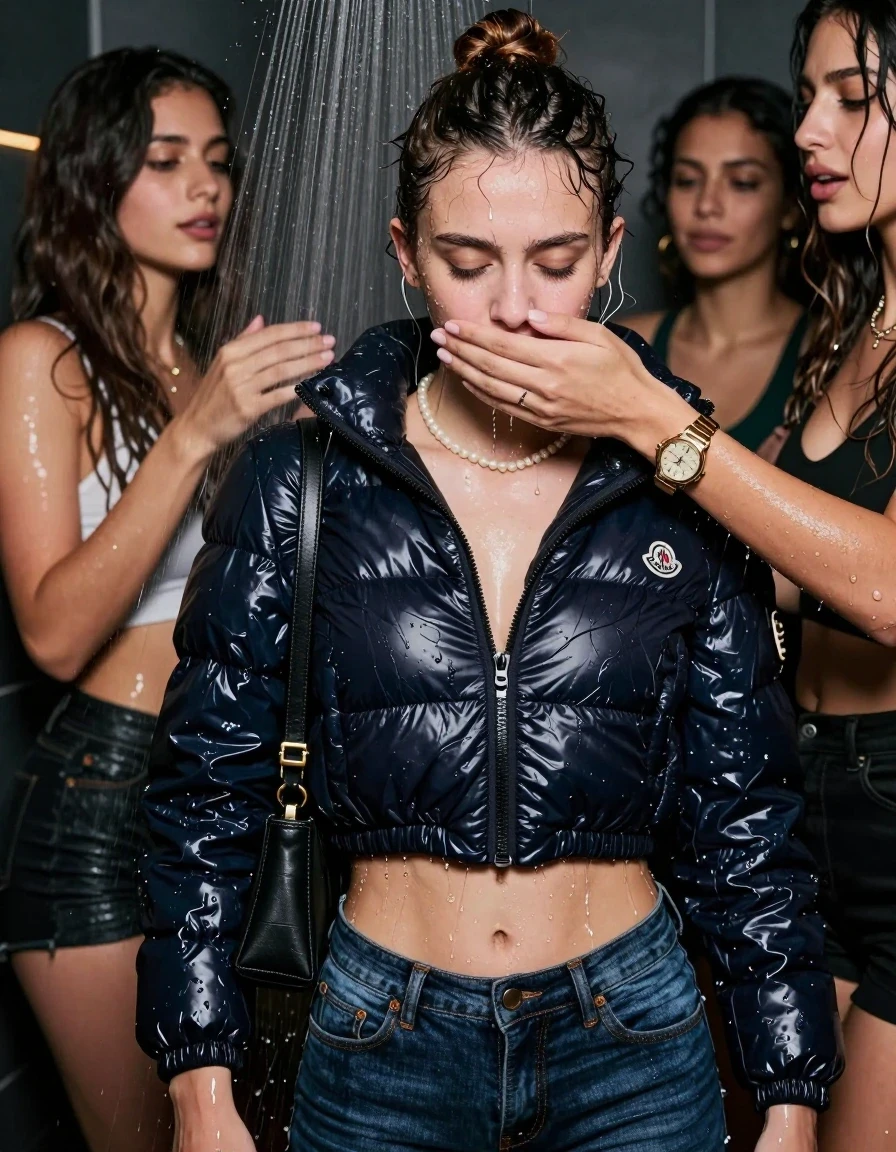 photo of young woman, in soaking wet, drenched clothes,
, Skinny jeans, Moncler shiny puffer down jacket, sweater belly free, shoulderbag, pearl necklace, bracelet, wristwatch, Orgasm Under the shower, strong jet of water, party room, 
enjoying, wet clothes stuck to body,
detailed textures of the wet clothes, wet face, wet plastered hair,
wet, drenched, professional, high-quality details, full body view.
sharp focus, ultra-high pixel detail, realistic, high-quality, full colors, incredibly detailed, 4k, 8k, 16k, hyper-realistic, RAW photo, masterpiece, ultra-detailed, professionally color graded, professional photograph, Topknot

 18 years old  teenage girl and her female  friends

Only head and shoulders are over the surface visible. Looking at camera.  closed eyes . Her mouth is covered by her friends Hand. 

The girls wear different clothes.

she is completely underwater up to her neck, horny and Strenuous painful expression. 

her clothing is soaking wet and clinging tightly to her skin, showing heavy wet folds, darkened fabric texture, and deep water-saturated Patches, her clothes are heavy from the water, water runs from her body and her clothes in streams. A lot of water also runs out of her clothes. Her clothes are darkened by the water. Her submerged clothes are good visible under the water.  she soaked her handbag into the water.

close up view, wet skin, wet clothes, wet hair, damp fabric, water runs down the clothes, wet skin, wet clothes, damp fabric. cinematic medium shot, hyper-realistic wetness, high-contrast water sheen, sharp focus, 16k resolution, professional photography, realistic water physics., wet skin, wet clothes, damp fabric, wet skin, wet clothes, damp fabric, wet skin, wet clothes, damp fabric, wet skin, wet clothes, damp fabric, wet skin, wet clothes, damp fabric, wet skin, wet clothes, damp fabric, wet skin, wet clothes, damp fabric, wet skin, wet clothes, damp fabric, wet skin, wet clothes, damp fabric