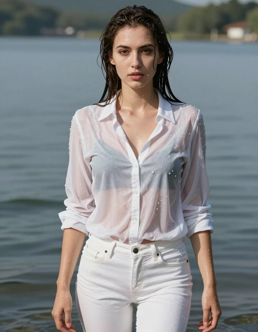 photo of young woman, in soaking wet, drenched clothes,
white jeans, white blouse, lake, 
enjoying, wet clothes stuck to body,
detailed textures of the wet clothes, wet face, wet plastered hair,
wet, drenched, professional, high-quality details, full body view.
sharp focus, ultra-high pixel detail, realistic, high-quality, full colors, incredibly detailed, 4k, 8k, 16k, hyper-realistic, RAW photo, masterpiece, ultra-detailed, professionally color graded, professional photograph, photo of young woman, in soaking wet, drenched clothes, no bra, see through, dripping wet, wet skin, wet clothes, damp fabric