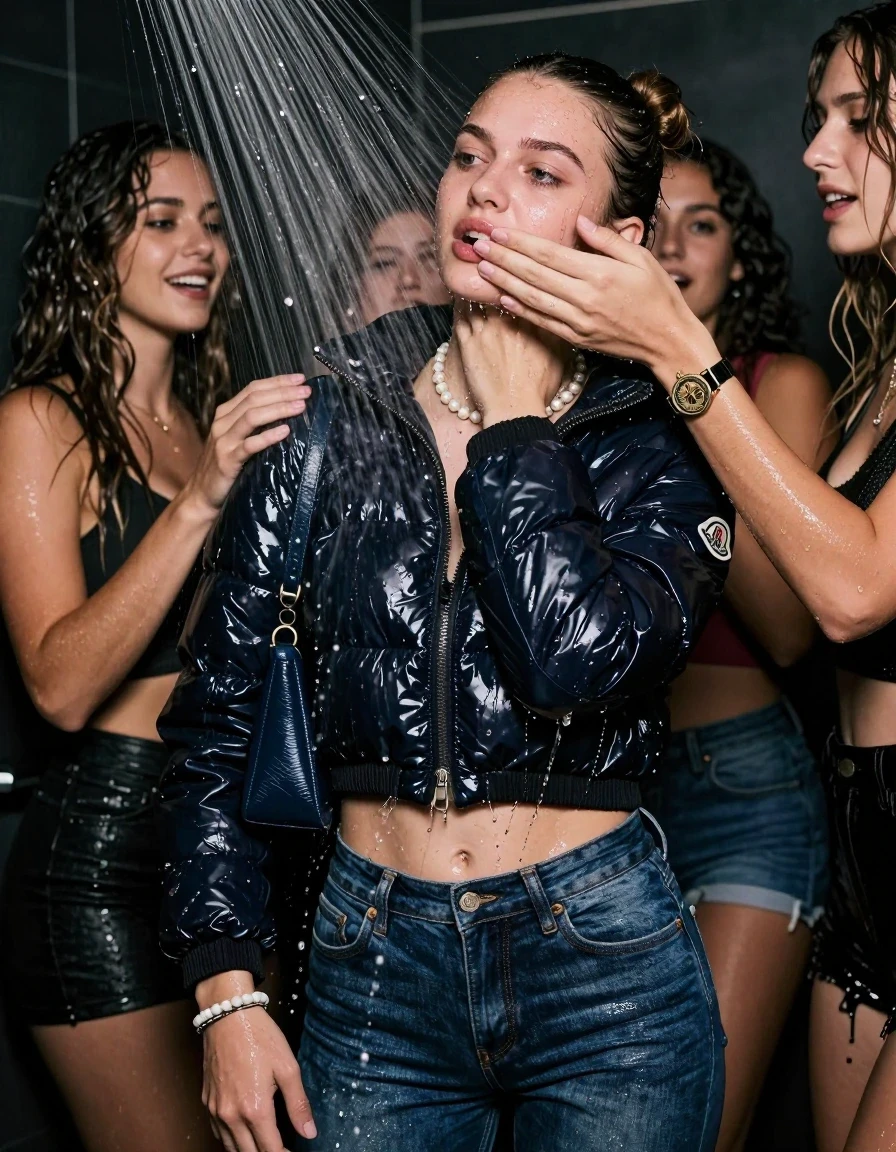 photo of young woman, in soaking wet, drenched clothes,
, Skinny jeans, Moncler shiny puffer down jacket, sweater belly free, shoulderbag, pearl necklace, bracelet, wristwatch, Orgasm Under the shower, strong jet of water, party room, 
enjoying, wet clothes stuck to body,
detailed textures of the wet clothes, wet face, wet plastered hair,
wet, drenched, professional, high-quality details, full body view.
sharp focus, ultra-high pixel detail, realistic, high-quality, full colors, incredibly detailed, 4k, 8k, 16k, hyper-realistic, RAW photo, masterpiece, ultra-detailed, professionally color graded, professional photograph, Topknot

 18 years old  teenage girl and her female  friends

Only head and shoulders are over the surface visible. Looking up to the side.  Her mouth is covered by her friends Hand. hugs her friend.

The girls wear different clothes.

she is completely underwater up to her neck, horny and Strenuous painful expression. 

her clothing is soaking wet and clinging tightly to her skin, showing heavy wet folds, darkened fabric texture, and deep water-saturated Patches, her clothes are heavy from the water, water runs from her body and her clothes in streams. A lot of water also runs out of her clothes. Her clothes are darkened by the water. Her submerged clothes are good visible under the water.  she soaked her handbag into the water.

close up view, wet skin, wet clothes, wet hair, damp fabric, water runs down the clothes, wet skin, wet clothes, damp fabric. cinematic medium shot, hyper-realistic wetness, high-contrast water sheen, sharp focus, 16k resolution, professional photography, realistic water physics., wet skin, wet clothes, damp fabric, wet skin, wet clothes, damp fabric, wet skin, wet clothes, damp fabric, wet skin, wet clothes, damp fabric, wet skin, wet clothes, damp fabric, wet skin, wet clothes, damp fabric, wet skin, wet clothes, damp fabric, wet skin, wet clothes, damp fabric