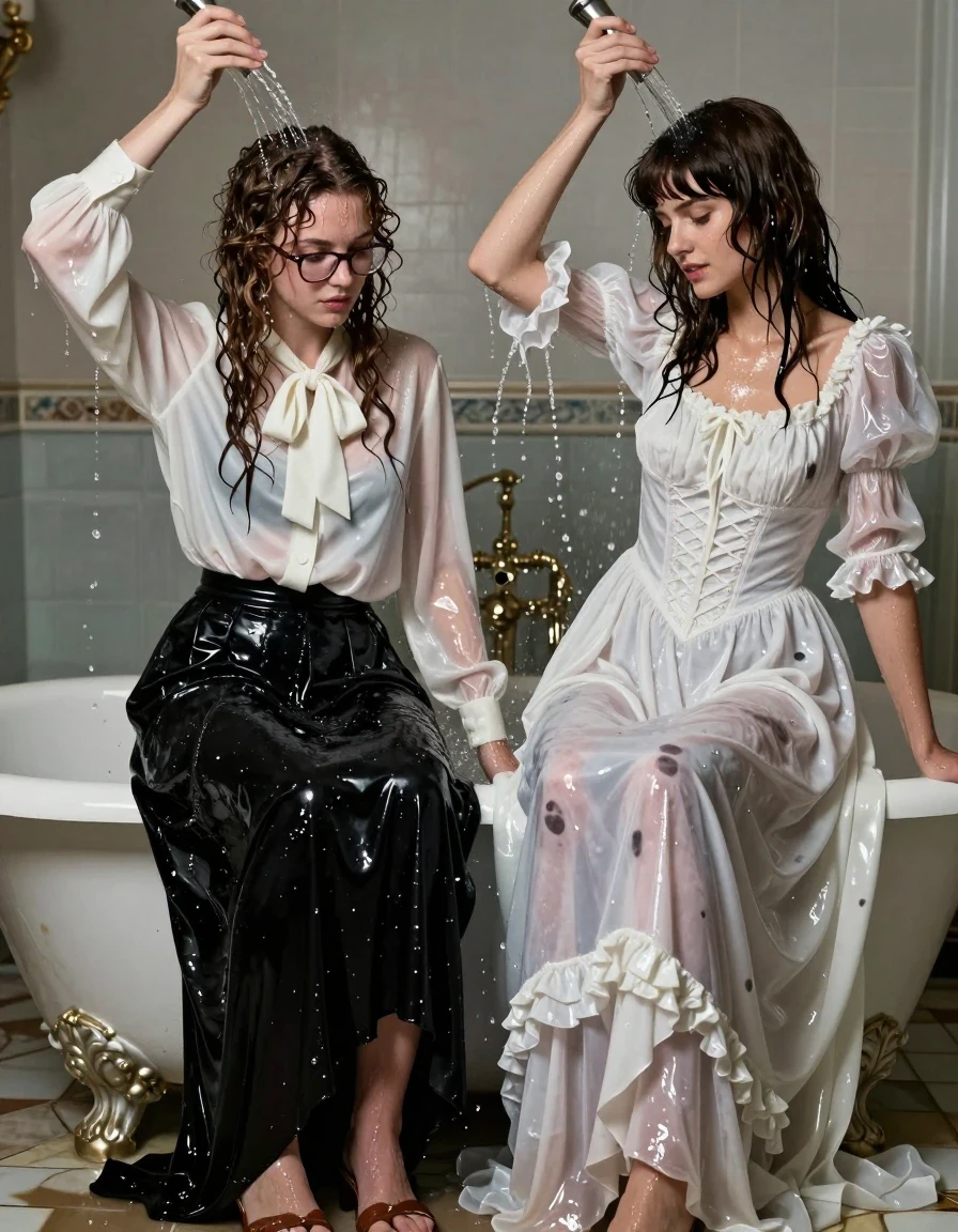 A photorealistic, highly detailed scene inside a spacious porcelain bathtub featuring two young adult European women. The first woman has long curly hair, wears glasses, an oversized long-sleeved white silk blouse, a prominent bowtie, and a floor-length black silk skirt, with her feet clad in sandals. The second woman, styled with a Beatles-inspired haircut, wears an intricate long Victorian wedding dress. Both women are thoroughly drenched, with their skin glistening and hair plastered to their heads. The white silk blouse and Victorian wedding dress are heavily soaked, clinging to their bodies, showing dark, translucent patches, heavy wet folds, and damp fabric textures. They are actively pouring water over one another, with visible water streams, splashing droplets, and a shimmering sheen across their wet skin and clothing. The environment is an atmospheric bathroom setting with soft, dramatic lighting emphasizing the wet surfaces and fabric textures. Cinematic composition, 8k resolution, hyper-realistic water physics, high-contrast lighting, sharp focus on the interaction and the saturated fabrics.