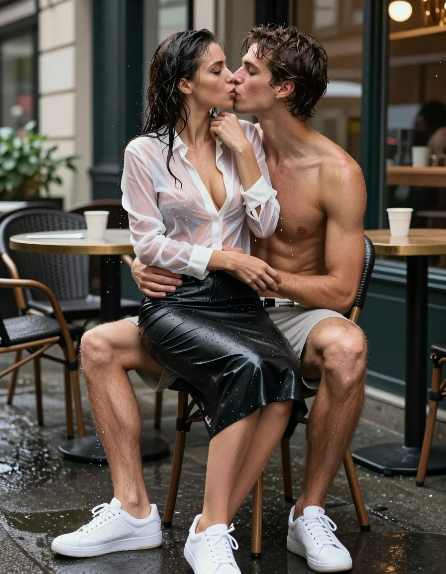 photo of young woman, in soaking wet, drenched clothes,
White sneakers, , Midi black Leather Skirt, soaked and clinging,, white translucent latex blouse, no bra, sheer and drenched, visible water droplets, no bra,, outdoor cafe frontage, urban sidewalk, rainy atmosphere, 
enjoying, wet clothes stuck to body,
detailed textures of the wet clothes, wet face, wet plastered hair,
wet, drenched, professional, high-quality details, full body view.
sharp focus, ultra-high pixel detail, realistic, high-quality, full colors, incredibly detailed, 4k, 8k, 16k, hyper-realistic, RAW photo, masterpiece, ultra-detailed, professionally color graded, professional photograph, a woman in an office rush frantically, her hair is very wet and dropping, she looks very sensual, her latex blouse is very translucent and you can see here breasts, she wears no bra, water is droping out of her clothes, she wearsa black midi skirt, a shirtless young man in undertrouses is sitting on a chair and the woman ist sitting on his lap, she kisses him passionately very wet on her mouth, she likes it very much, her blue eyes are open, photorealistic lifestyle photography, rich natural color, balanced bright exposure, moderate contrast, softly lifted shadows, high-fashion editorial style, cinematic medium shot with shallow depth of field., wet skin, wet clothes, damp fabric