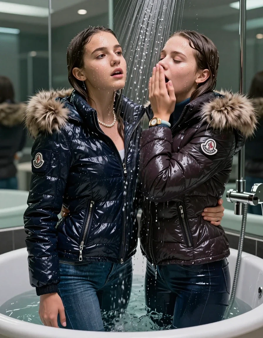 photo of young woman, in soaking wet, drenched clothes,
, Skinny jeans, Moncler Shiny puffer down coat with fur, Long sleeve turtleneck sweater belly free, shoulderbag, pearl necklace, bracelet, wristwatch, Under the shower emerging in a tube, strong jet of water, at modern mirrored spa, 
enjoying, wet clothes stuck to body,
detailed textures of the wet clothes, wet face, wet plastered hair,
wet, drenched, professional, high-quality details, full body view.
sharp focus, ultra-high pixel detail, realistic, high-quality, full colors, incredibly detailed, 4k, 8k, 16k, hyper-realistic, RAW photo, masterpiece, ultra-detailed, professionally color graded, professional photograph, Long Sleek straight hair

Two 15-years-old  teenage girl and her female  friends

Only head and shoulders are over the surface visible. Looking up. Open mouth, closed eyes. Covers her nose with a hand. hugs her friend. Water running down her face and neck.

The girls wear different clothes and jackets.

she is completely underwater up to her neck, afraid and astonished expression. 

her clothing is soaking wet and clinging tightly to her skin, showing heavy wet folds, darkened fabric texture, and deep water-saturated Patches, her clothes are heavy from the water, water runs from her body and her clothes in streams. A lot of water also runs out of her clothes. Her clothes are darkened by the water. Her submerged clothes are good visible under the water.  she soaked her handbag into the water.

close up view, wet skin, wet clothes, wet hair, damp fabric, water runs down the clothes, wet skin, wet clothes, damp fabric. cinematic medium shot, hyper-realistic wetness, high-contrast water sheen, sharp focus, 16k resolution, professional photography, realistic water physics., wet skin, wet clothes, damp fabric, wet skin, wet clothes, damp fabric, wet skin, wet clothes, damp fabric, wet skin, wet clothes, damp fabric, wet skin, wet clothes, damp fabric, wet skin, wet clothes, damp fabric, wet skin, wet clothes, damp fabric, wet skin, wet clothes, damp fabric, wet skin, wet clothes, damp fabric, wet skin, wet clothes, damp fabric, wet skin, wet clothes, damp fabric
