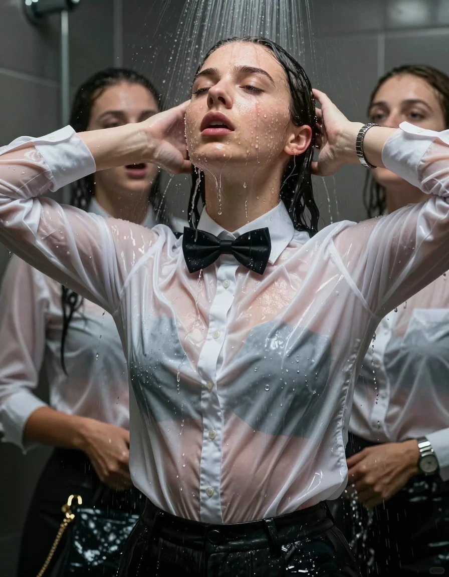photo of young woman, in soaking wet, drenched clothes,
, , , long sleeve smart white shirt and black bowtie, bracelet, wristwatch, Under the shower, strong jet of water, party room, 
enjoying, wet clothes stuck to body,
detailed textures of the wet clothes, wet face, wet plastered hair,
wet, drenched, professional, high-quality details, full body view.
sharp focus, ultra-high pixel detail, realistic, high-quality, full colors, incredibly detailed, 4k, 8k, 16k, hyper-realistic, RAW photo, masterpiece, ultra-detailed, professionally color graded, professional photograph, Two 18 year old ladies

Only head and shoulders are over the surface visible. Open mouth, closed eyes. Looking up. Hands up. Water running down her face and neck

The girls wear same clothes.

she is completely underwater up to her neck, surprised and astonished expression. 

her clothing is soaking wet and clinging tightly to her skin, showing heavy wet folds, darkened fabric texture, and deep water-saturated Patches, her clothes are heavy from the water, water runs from her body and her clothes in streams. A lot of water also runs out of her clothes. Her clothes are darkened by the water. Her submerged clothes are good visible under the water.  she soaked her handbag into the water.

close up view, wet skin, wet clothes, wet hair, damp fabric, water runs down the clothes, wet skin, wet clothes, damp fabric. cinematic medium shot, hyper-realistic wetness, high-contrast water sheen, sharp focus, 16k resolution, professional photography, realistic water physics., wet skin, wet clothes, damp fabric, wet skin, wet clothes, damp fabric, wet skin, wet clothes, damp fabric, wet skin, wet clothes, damp fabric, wet skin, wet clothes, damp fabric, wet skin, wet clothes, damp fabric