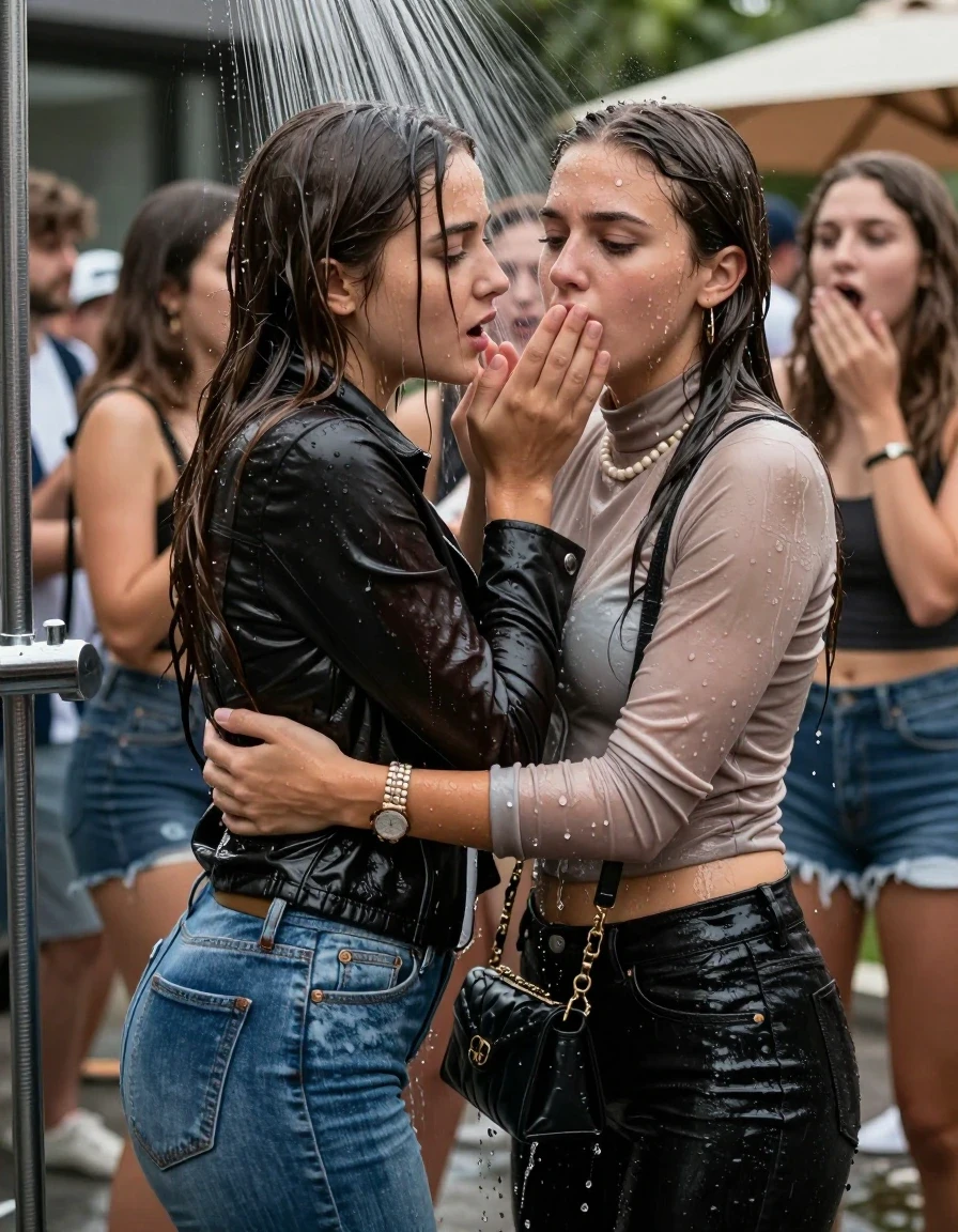 photo of young woman, in soaking wet, drenched clothes,
, Skinny jeans, Leatherjacket, Long sleeve turtleneck sweater belly free, shoulderbag, pearl necklace, bracelet, wristwatch, Under the shower emerging in a tube, strong jet with tons of water, crowded party  at modern villa, 
enjoying, wet clothes stuck to body,
detailed textures of the wet clothes, wet face, wet plastered hair,
wet, drenched, professional, high-quality details, full body view.
sharp focus, ultra-high pixel detail, realistic, high-quality, full colors, incredibly detailed, 4k, 8k, 16k, hyper-realistic, RAW photo, masterpiece, ultra-detailed, professionally color graded, professional photograph, Long Sleek straight hair

Two 15-years-old  teenage girl and her female  friends

Only head and shoulders are over the surface visible. Looking down. Open mouth. Covers the mouth of her friend with a hand.   hugs her friend. Water running down her face and neck.

The girls wear different clothes and jackets.

she is completely underwater up to her neck, afraid and astonished expression. 

her clothing is soaking wet and clinging tightly to her skin, showing heavy wet folds, darkened fabric texture, and deep water-saturated Patches, her clothes are heavy from the water, water runs from her body and her clothes in streams. A lot of water also runs out of her clothes. Her clothes are darkened by the water. Her submerged clothes are good visible under the water.  she soaked her handbag into the water.

close up view, wet skin, wet clothes, wet hair, damp fabric, water runs down the clothes, wet skin, wet clothes, damp fabric. cinematic medium shot, hyper-realistic wetness, high-contrast water sheen, sharp focus, 16k resolution, professional photography, realistic water physics., wet skin, wet clothes, damp fabric, wet skin, wet clothes, damp fabric, wet skin, wet clothes, damp fabric, wet skin, wet clothes, damp fabric, wet skin, wet clothes, damp fabric, wet skin, wet clothes, damp fabric, wet skin, wet clothes, damp fabric, wet skin, wet clothes, damp fabric, wet skin, wet clothes, damp fabric