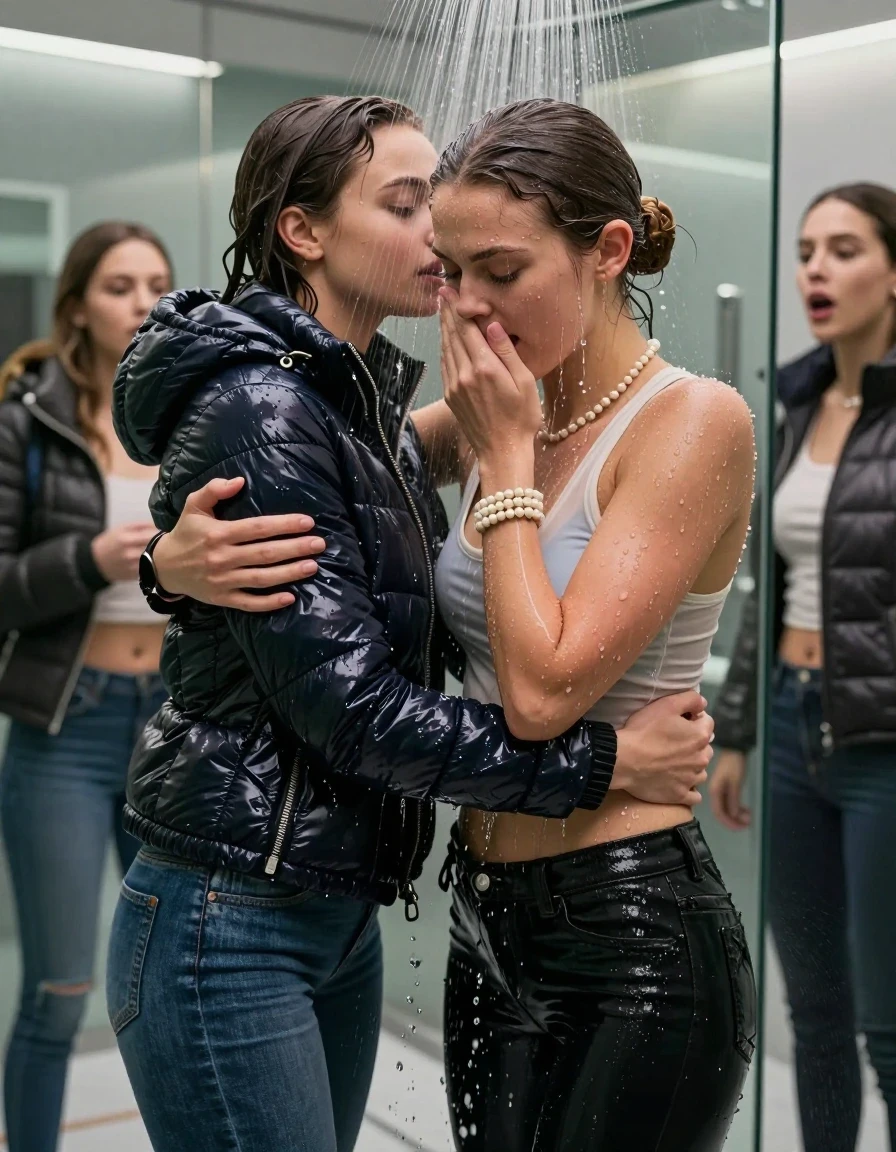 photo of young woman, in soaking wet, drenched clothes,
, Skinny jeans, Moncler shiny puffer down jacket, tight turtleneck sweater belly free, shoulderbag, pearl necklace, bracelet, wristwatch, Under the shower, strong jet of water, modern mirrored bathroom, 
enjoying, wet clothes stuck to body,
detailed textures of the wet clothes, wet face, wet plastered hair,
wet, drenched, professional, high-quality details, full body view.
sharp focus, ultra-high pixel detail, realistic, high-quality, full colors, incredibly detailed, 4k, 8k, 16k, hyper-realistic, RAW photo, masterpiece, ultra-detailed, professionally color graded, professional photograph, Brunette Sleek bun

 15-years-old  teenage girl and her female  friends

Only head and shoulders are over the surface visible. Looking down. Open mouth, half closed eyes . Hold her hands on her mouth and nose . hugs her friend. Water running down her face and neck.

The girls wear different clothes and down jackets.

she is completely underwater up to her neck, horny and astonished expression. 

her clothing is soaking wet and clinging tightly to her skin, showing heavy wet folds, darkened fabric texture, and deep water-saturated Patches, her clothes are heavy from the water, water runs from her body and her clothes in streams. A lot of water also runs out of her clothes. Her clothes are darkened by the water. Her submerged clothes are good visible under the water.  she soaked her handbag into the water.

close up view, wet skin, wet clothes, wet hair, damp fabric, water runs down the clothes, wet skin, wet clothes, damp fabric. cinematic medium shot, hyper-realistic wetness, high-contrast water sheen, sharp focus, 16k resolution, professional photography, realistic water physics., wet skin, wet clothes, damp fabric, wet skin, wet clothes, damp fabric, wet skin, wet clothes, damp fabric, wet skin, wet clothes, damp fabric, wet skin, wet clothes, damp fabric, wet skin, wet clothes, damp fabric, wet skin, wet clothes, damp fabric, wet skin, wet clothes, damp fabric, wet skin, wet clothes, damp fabric