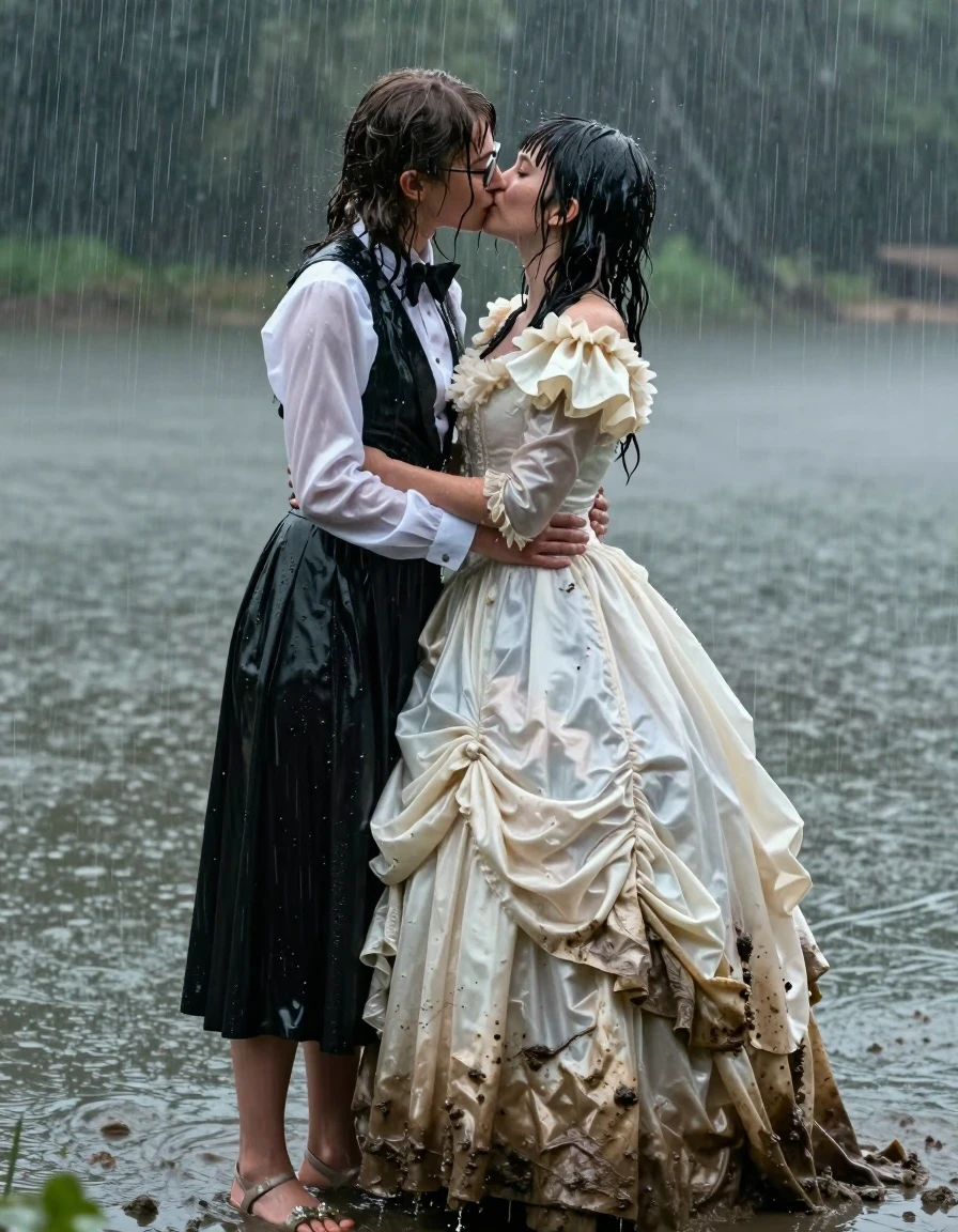 A photorealistic, cinematic shot of two young adult European women locked in a passionate kiss amidst a muddy lake during a heavy, torrential rainfall. The first woman has long curly hair, wears glasses, a black tuxedo jacket with an oversized bowtie, and a long-sleeved white silk blouse tucked into a floor-length black silk skirt, with her feet in elegant sandals. The second woman has a distinct Beatles-style haircut and is dressed in a voluminous, intricate Victorian wedding dress. Both women are drenched; their hair is matted and dripping, their clothing is heavy, clinging, and translucent from the downpour, with the silk fabrics darkened and clinging to their forms. The wedding dress is soaked through, heavy with water, and stained with mud at the hem. The environment is moody and atmospheric, with splashing water, ripples on the lake surface, and rain streaks visible in the air. High-contrast lighting, sharp focus on the subjects, wet skin texture, glossy reflections on the fabric, hyper-detailed rendering, 8k resolution, professional photography style.