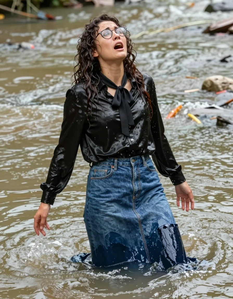 A photorealistic medium shot of a young adult European woman with long curly hair and glasses, captured in a state of distress as she struggles to stay afloat in a flooded river. She is wearing an oversized long-sleeved black silk blouse with a bowtie, and a floor-length denim skirt. The skirt is made of soaking-wet blue denim, water-saturated heavyweight denim, blue changed to deep navy and indigo, substantially darker unevenly soaked patches, absorbed water, heavy wet folds, visible weave and stitching, and strong glossy specular reflections on the raised weave, seams, and creases. Her black silk blouse is drenched, clinging to her skin with a high-sheen wet texture and dark, translucent patches. Her long curly hair is matted and dripping, plastered against her face and shoulders. She is captured in the act of coming up for air, her expression one of frantic effort, head tilted back, gasping, hands splashing the murky river water as she tries not to sink. The environment is a murky, rising river with debris and swirling water currents. The lighting is natural, overcast daylight, highlighting the high-contrast wet textures on the fabric and skin, with sharp focus on the water droplets and the heavy, saturated weight of the denim skirt.