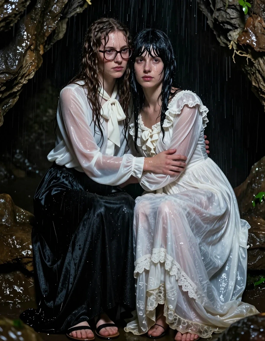 A photorealistic, cinematic shot of two young adult European women huddled together for warmth inside a dark, damp cave while torrential rain pours outside. The first woman has long curly hair, wearing thick-rimmed glasses, an oversized long-sleeved white silk blouse with a prominent bowtie, and a floor-length black silk skirt, with her feet in sandals. Beside her, a second woman with a Beatles-style haircut wears an ornate, long Victorian wedding dress. Both women are thoroughly drenched; the white silk blouse and Victorian lace are translucent, clinging heavily to their frames, appearing darker and water-saturated with deep folds and heavy, clinging textures. Their hair is matted and dripping, skin glistening with visible water sheen and rivulets. The cave walls are slick and glistening with moisture, reflecting the dim, moody ambient light. The atmosphere is cold and somber, with high-contrast lighting highlighting the wet fabric textures, the heavy weight of the soaked silk, and the intimate, protective posture as they huddle together. 8k resolution, highly detailed, realistic skin pores, sharp focus, cinematic depth of field.