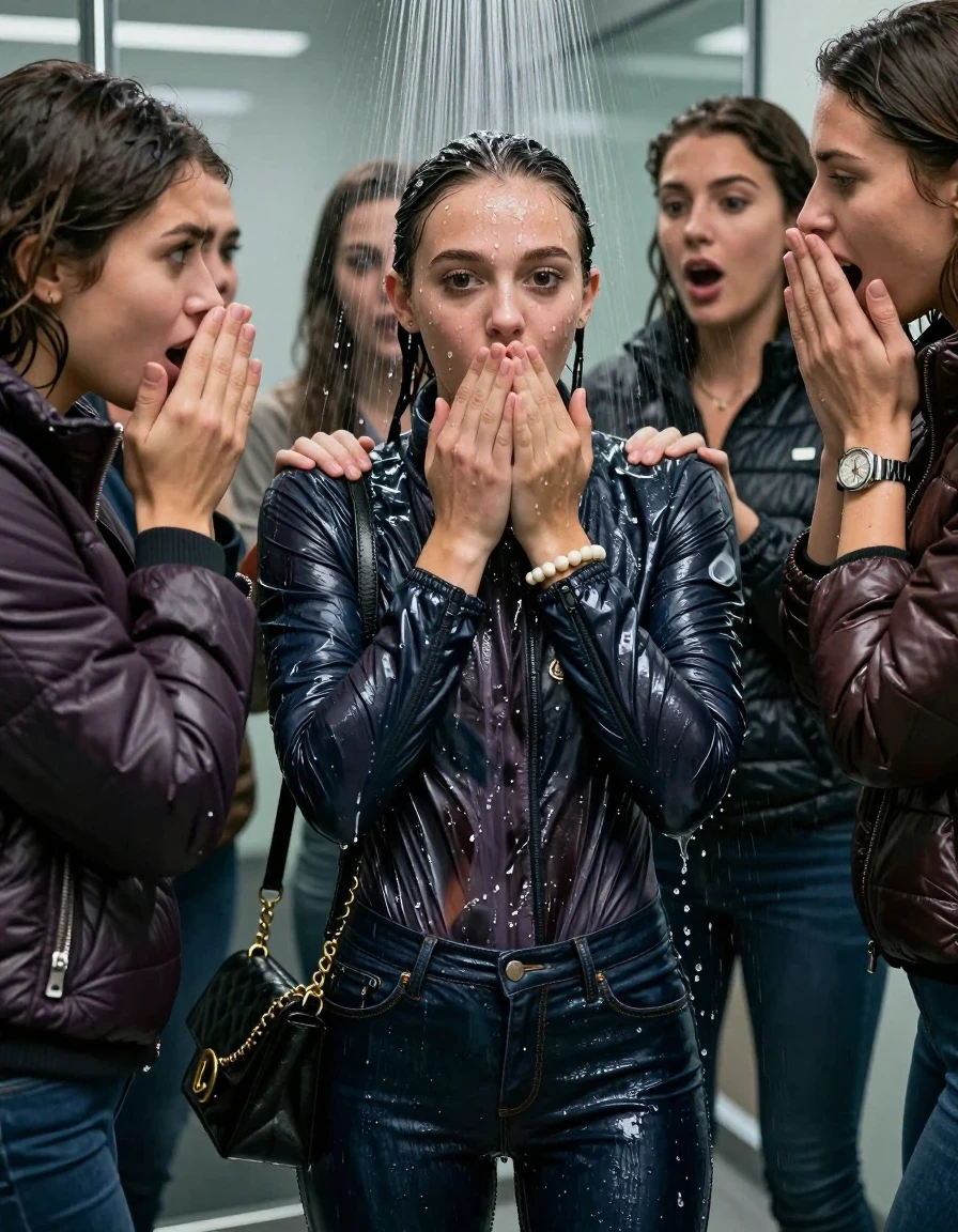 photo of young woman, in soaking wet, drenched clothes,
, Skinny jeans, Moncler shiny puffer down jacket, tight turtleneck sweater belly free, shoulderbag, pearl necklace, bracelet, wristwatch, Under the shower, strong jet of water, at office , 
enjoying, wet clothes stuck to body,
detailed textures of the wet clothes, wet face, wet plastered hair,
wet, drenched, professional, high-quality details, full body view.
sharp focus, ultra-high pixel detail, realistic, high-quality, full colors, incredibly detailed, 4k, 8k, 16k, hyper-realistic, RAW photo, masterpiece, ultra-detailed, professionally color graded, professional photograph, Brunette Sleek bun

 15-years-old  teenage girl and her female  friends

Only head and shoulders are over the surface visible. Looking at camera. Open mouth, half big eyes . Hold her hands on her mouth and nose . hugs her friend. Water running down her face and neck.

The girls wear different clothes and down jackets.

she is completely underwater up to her neck, horny and astonished expression. 

her clothing is soaking wet and clinging tightly to her skin, showing heavy wet folds, darkened fabric texture, and deep water-saturated Patches, her clothes are heavy from the water, water runs from her body and her clothes in streams. A lot of water also runs out of her clothes. Her clothes are darkened by the water. Her submerged clothes are good visible under the water.  she soaked her handbag into the water.

close up view, wet skin, wet clothes, wet hair, damp fabric, water runs down the clothes, wet skin, wet clothes, damp fabric. cinematic medium shot, hyper-realistic wetness, high-contrast water sheen, sharp focus, 16k resolution, professional photography, realistic water physics., wet skin, wet clothes, damp fabric, wet skin, wet clothes, damp fabric, wet skin, wet clothes, damp fabric, wet skin, wet clothes, damp fabric, wet skin, wet clothes, damp fabric, wet skin, wet clothes, damp fabric, wet skin, wet clothes, damp fabric, wet skin, wet clothes, damp fabric, wet skin, wet clothes, damp fabric