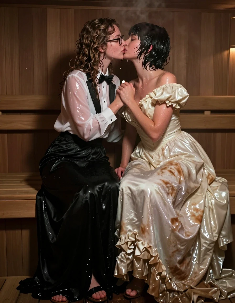 A hyper-realistic, high-detail wide shot inside a dimly lit, wood-paneled sauna. A young European woman with long curly hair and glasses, wearing a black tuxedo jacket with an oversized long-sleeved white silk blouse, a bowtie, a floor-length black silk skirt, and sandals, is passionately kissing another woman who has short Beatles-style hair and is wearing a voluminous, long Victorian wedding dress. Both women are sweating profusely, their skin glistening with heavy beads of condensation and sweat. The white silk blouse is translucent, clinging to the skin and darkening from intense moisture, while the black silk skirt and the Victorian wedding dress are heavily soaked, showing deep, saturated fabric tones, heavy folds, and a wet, weighted drape. The sauna environment is filled with thick, visible steam and heat haze, with intense glossy specular highlights on the wet skin and fabric textures. Photorealistic, 8k, cinematic lighting, shot on 35mm lens, sharp focus on the subjects, highly detailed skin pores and fabric weaves, moisture-heavy atmosphere.