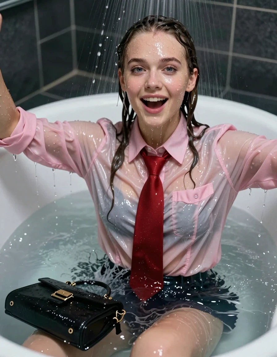 photo of young woman, in soaking wet, drenched clothes,
, , long sleeve pink smart buttoned down shirt, red tie, Under the milky shower, sitting in a deep filled bath, strong jet of milk, party room, 
enjoying, wet clothes stuck to body,
detailed textures of the wet clothes, wet face, wet plastered hair,
wet, drenched, professional, high-quality details, full body view.
sharp focus, ultra-high pixel detail, realistic, high-quality, full colors, incredibly detailed, 4k, 8k, 16k, hyper-realistic, RAW photo, masterpiece, ultra-detailed, professionally color graded, professional photograph, An 18 year old Swedish lady

Only head and shoulders are over the surface visible. Open mouth smiling, open blue eyes looking at camera, arms outstretched . Water running down her face and neck
No bra. Breasts visible

she is completely underwater up to her neck, surprised and astonished expression. 

her clothing is soaking wet and clinging tightly to her skin, showing heavy wet folds, darkened fabric texture, and deep water-saturated Patches, her clothes are heavy from the water, water runs from her body and her clothes in streams. A lot of water also runs out of her clothes. Her clothes are darkened by the water. Her submerged clothes are good visible under the water.  she soaked her handbag into the water.

close up view, wet skin, wet clothes, wet hair, damp fabric, water runs down the clothes, wet skin, wet clothes, damp fabric. cinematic medium shot, hyper-realistic wetness, high-contrast water sheen, sharp focus, 16k resolution, professional photography, realistic water physics., wet skin, wet clothes, damp fabric, wet skin, wet clothes, damp fabric, wet skin, wet clothes, damp fabric, wet skin, wet clothes, damp fabric, wet skin, wet clothes, damp fabric, wet skin, wet clothes, damp fabric