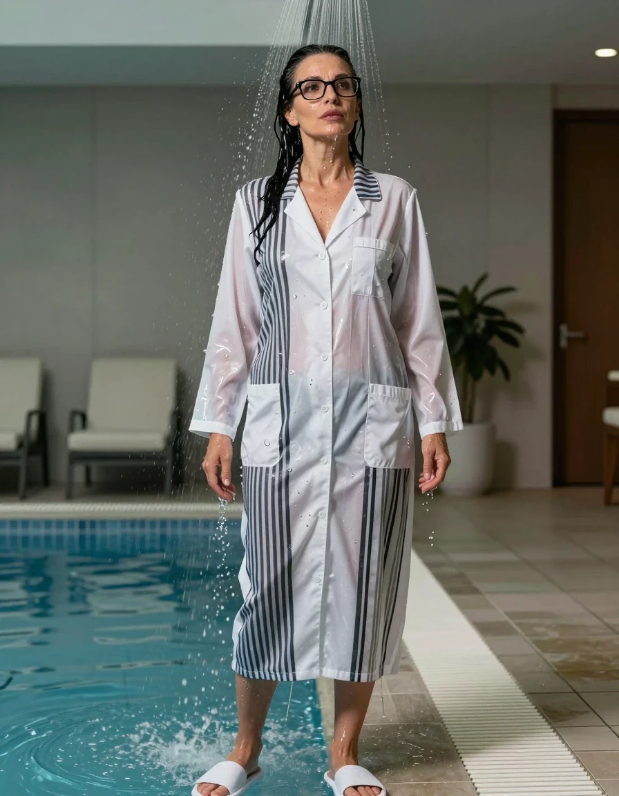photo of young woman, in soaking wet, drenched clothes,
white slippers, maxi white & black striped labdress, maxi white & black striped labdress, taking shower after bath in indoor swimming pool, enjoying wet clothes stuck body, enjoying, wet clothes stuck to body, 
enjoying, wet clothes stuck to body,
detailed textures of the wet clothes, wet face, wet plastered hair,
wet, drenched, professional, high-quality details, full body view.
sharp focus, ultra-high pixel detail, realistic, high-quality, full colors, incredibly detailed, 4k, 8k, 16k, hyper-realistic, RAW photo, masterpiece, ultra-detailed, professionally color graded, professional photograph, europen brunette skinny woman 50 years old, long dark black hair, office glasses, very big and thick lips, complete body, wet skin, wet clothes, damp fabric, wet skin, wet clothes, damp fabric, wet skin, wet clothes, damp fabric, wet skin, wet clothes, damp fabric, wet skin, wet clothes, damp fabric, wet skin, wet clothes, damp fabric, wet skin, wet clothes, damp fabric