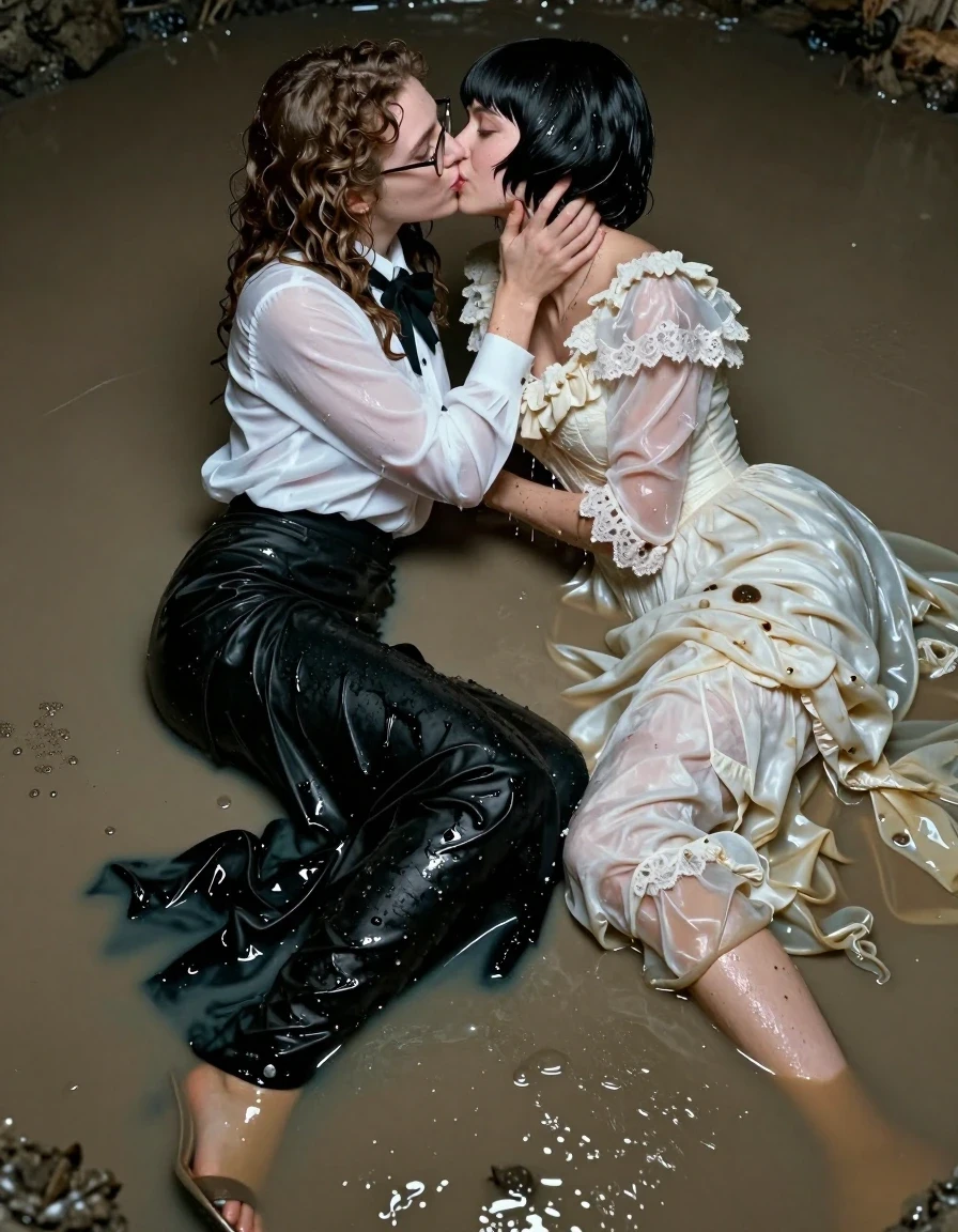A hyper-realistic cinematic shot of two young adult European women in a bathtub filled with thick, murky muddy water. One woman features long curly hair, wearing glasses, an oversized long-sleeved white silk blouse, a black tuxedo jacket with an oversized bowtie, and a floor-length black silk skirt, with her feet clad in sandals. She is passionately kissing a second woman who has a distinctive Beatles-style haircut and is wearing a voluminous, intricate long Victorian wedding dress. Both women and their garments are thoroughly soaked and dripping; the white silk blouse and Victorian lace are translucent and clinging to their skin, while the black silk skirt and jacket are heavily saturated, darkened by the water, and displaying deep wet folds and heavy texture. The muddy water clings to their hair and skin, creating a gritty, high-contrast sheen. The scene is captured with sharp focus on the wet fabric textures and the intimate interaction, illuminated by dramatic, moody overhead lighting that highlights the water droplets and the glossy, wet surfaces of the clothing and skin.