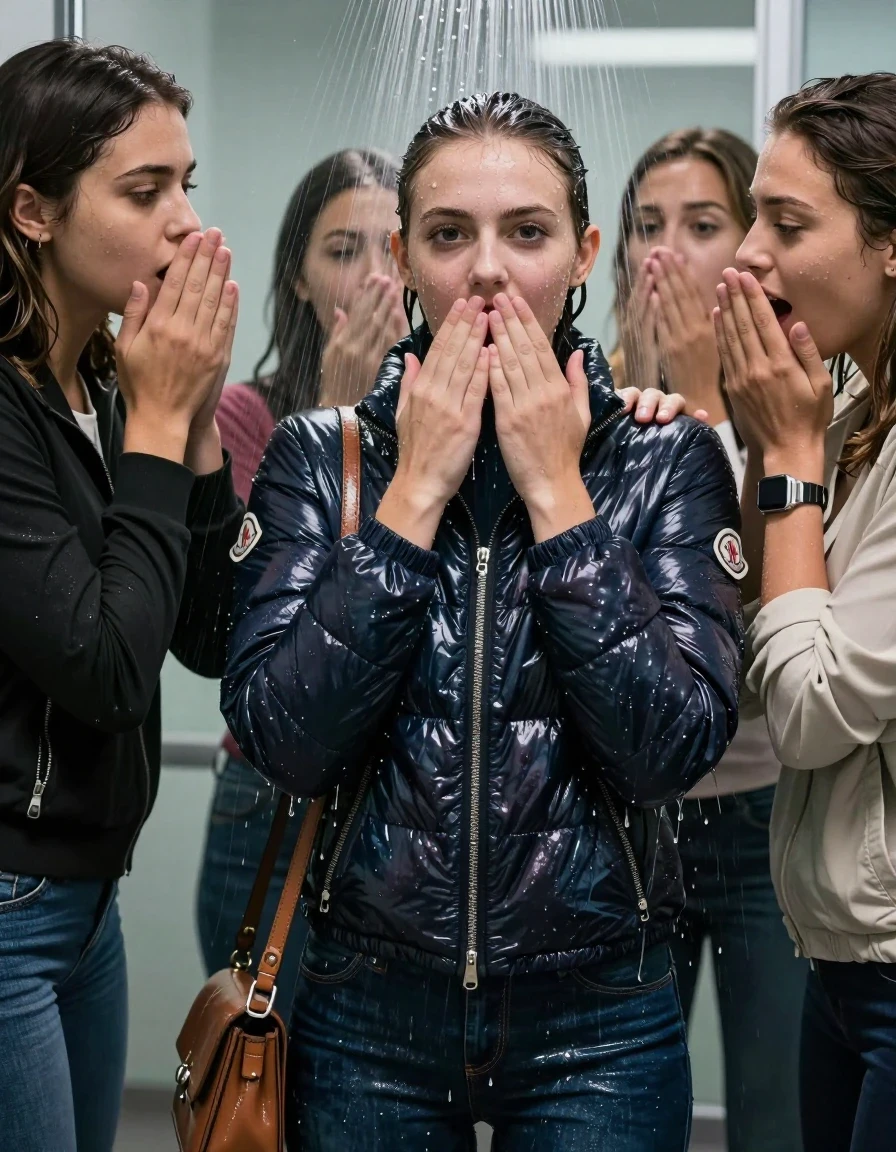 photo of young woman, in soaking wet, drenched clothes,
, Skinny jeans, Moncler shiny puffer down jacket, tight turtleneck sweater belly free, shoulderbag, pearl necklace, bracelet, wristwatch, Under the shower, strong jet of water, at office , 
enjoying, wet clothes stuck to body,
detailed textures of the wet clothes, wet face, wet plastered hair,
wet, drenched, professional, high-quality details, full body view.
sharp focus, ultra-high pixel detail, realistic, high-quality, full colors, incredibly detailed, 4k, 8k, 16k, hyper-realistic, RAW photo, masterpiece, ultra-detailed, professionally color graded, professional photograph, Brunette Sleek bun

 15-years-old  teenage girl and her female  friends

Only head and shoulders are over the surface visible. Looking at camera. Open mouth, half big eyes . Hold her hands on her mouth and nose . hugs her friend. Water running down her face and neck.

The girls wear different clothes and down jackets.

she is completely underwater up to her neck, horny and astonished expression. 

her clothing is soaking wet and clinging tightly to her skin, showing heavy wet folds, darkened fabric texture, and deep water-saturated Patches, her clothes are heavy from the water, water runs from her body and her clothes in streams. A lot of water also runs out of her clothes. Her clothes are darkened by the water. Her submerged clothes are good visible under the water.  she soaked her handbag into the water.

close up view, wet skin, wet clothes, wet hair, damp fabric, water runs down the clothes, wet skin, wet clothes, damp fabric. cinematic medium shot, hyper-realistic wetness, high-contrast water sheen, sharp focus, 16k resolution, professional photography, realistic water physics., wet skin, wet clothes, damp fabric, wet skin, wet clothes, damp fabric, wet skin, wet clothes, damp fabric, wet skin, wet clothes, damp fabric, wet skin, wet clothes, damp fabric, wet skin, wet clothes, damp fabric, wet skin, wet clothes, damp fabric, wet skin, wet clothes, damp fabric, wet skin, wet clothes, damp fabric
