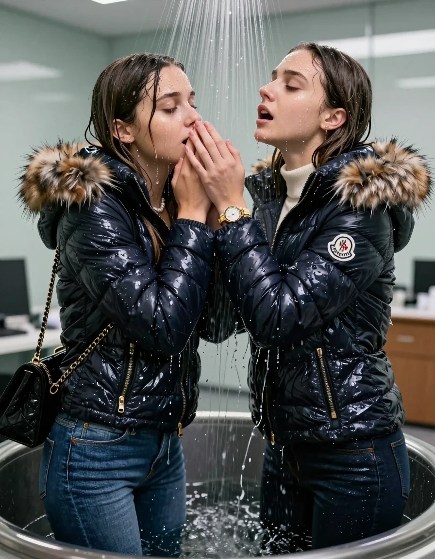 photo of young woman, in soaking wet, drenched clothes,
, Skinny jeans, Moncler Shiny puffer down coat with fur, Long sleeve turtleneck sweater belly free, shoulderbag, pearl necklace, bracelet, wristwatch, Under the shower emerging in a tube, strong jet of water, at office , 
enjoying, wet clothes stuck to body,
detailed textures of the wet clothes, wet face, wet plastered hair,
wet, drenched, professional, high-quality details, full body view.
sharp focus, ultra-high pixel detail, realistic, high-quality, full colors, incredibly detailed, 4k, 8k, 16k, hyper-realistic, RAW photo, masterpiece, ultra-detailed, professionally color graded, professional photograph, Long Sleek straight hair

Two 15-years-old  teenage girl and her female  friends

Only head and shoulders are over the surface visible. Looking up. Open mouth, closed eyes. Covers her nose with a hand. hugs her friend. Water running down her face and neck.

The girls wear different clothes and jackets.

she is completely underwater up to her neck, afraid and astonished expression. 

her clothing is soaking wet and clinging tightly to her skin, showing heavy wet folds, darkened fabric texture, and deep water-saturated Patches, her clothes are heavy from the water, water runs from her body and her clothes in streams. A lot of water also runs out of her clothes. Her clothes are darkened by the water. Her submerged clothes are good visible under the water.  she soaked her handbag into the water.

close up view, wet skin, wet clothes, wet hair, damp fabric, water runs down the clothes, wet skin, wet clothes, damp fabric. cinematic medium shot, hyper-realistic wetness, high-contrast water sheen, sharp focus, 16k resolution, professional photography, realistic water physics., wet skin, wet clothes, damp fabric, wet skin, wet clothes, damp fabric, wet skin, wet clothes, damp fabric, wet skin, wet clothes, damp fabric, wet skin, wet clothes, damp fabric, wet skin, wet clothes, damp fabric, wet skin, wet clothes, damp fabric, wet skin, wet clothes, damp fabric, wet skin, wet clothes, damp fabric, wet skin, wet clothes, damp fabric, wet skin, wet clothes, damp fabric