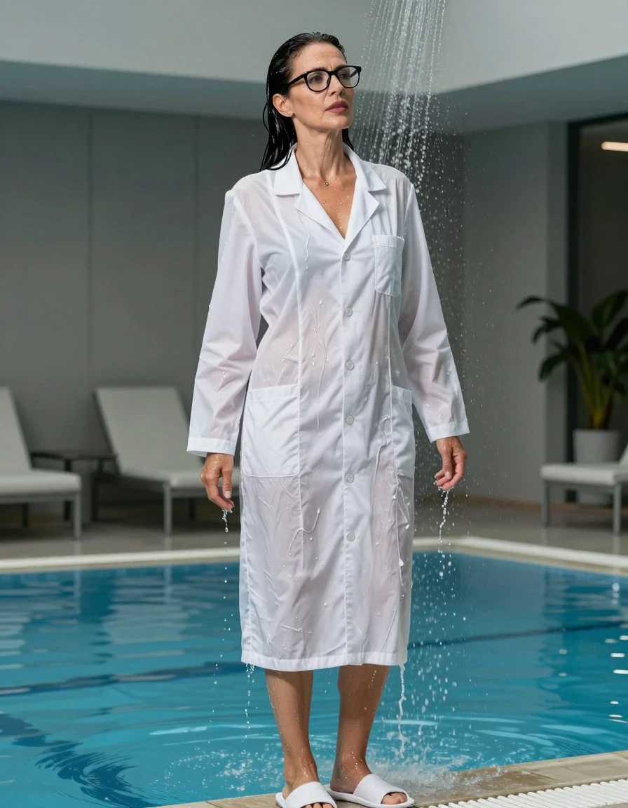 photo of young woman, in soaking wet, drenched clothes,
white slippers, maxi white labdress, maxi white labdress, taking shower after bath in indoor swimming pool, enjoying wet clothes stuck body, enjoying, wet clothes stuck to body, 
enjoying, wet clothes stuck to body,
detailed textures of the wet clothes, wet face, wet plastered hair,
wet, drenched, professional, high-quality details, full body view.
sharp focus, ultra-high pixel detail, realistic, high-quality, full colors, incredibly detailed, 4k, 8k, 16k, hyper-realistic, RAW photo, masterpiece, ultra-detailed, professionally color graded, professional photograph, europen brunette skinny woman 50 years old, long dark black hair, office glasses, very big and thick lips, complete body, wet skin, wet clothes, damp fabric, wet skin, wet clothes, damp fabric, wet skin, wet clothes, damp fabric, wet skin, wet clothes, damp fabric, wet skin, wet clothes, damp fabric, wet skin, wet clothes, damp fabric, wet skin, wet clothes, damp fabric