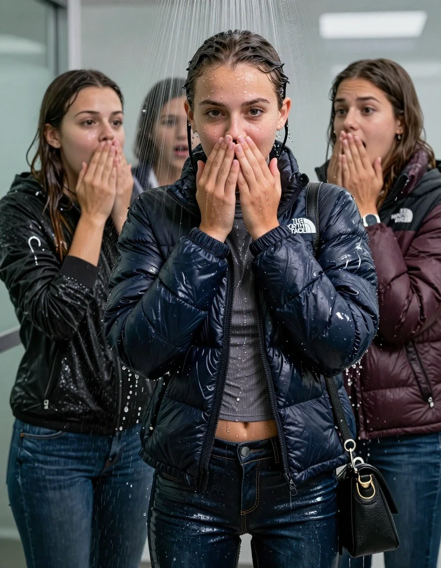 photo of young woman, in soaking wet, drenched clothes,
, Skinny jeans, North face puffer down jacket, tight turtleneck sweater belly free, shoulderbag, pearl necklace, bracelet, wristwatch, Under the shower, strong jet of water, at office , 
enjoying, wet clothes stuck to body,
detailed textures of the wet clothes, wet face, wet plastered hair,
wet, drenched, professional, high-quality details, full body view.
sharp focus, ultra-high pixel detail, realistic, high-quality, full colors, incredibly detailed, 4k, 8k, 16k, hyper-realistic, RAW photo, masterpiece, ultra-detailed, professionally color graded, professional photograph, Brunette Sleek bun

 15-years-old  teenage girl and her female  friends

Only head and shoulders are over the surface visible. Looking at camera. Open mouth, half big eyes . Hold her hands on her mouth and nose . hugs her friend. Water running down her face and neck.

The girls wear different clothes and jackets.

she is completely underwater up to her neck, horny and astonished expression. 

her clothing is soaking wet and clinging tightly to her skin, showing heavy wet folds, darkened fabric texture, and deep water-saturated Patches, her clothes are heavy from the water, water runs from her body and her clothes in streams. A lot of water also runs out of her clothes. Her clothes are darkened by the water. Her submerged clothes are good visible under the water.  she soaked her handbag into the water.

close up view, wet skin, wet clothes, wet hair, damp fabric, water runs down the clothes, wet skin, wet clothes, damp fabric. cinematic medium shot, hyper-realistic wetness, high-contrast water sheen, sharp focus, 16k resolution, professional photography, realistic water physics., wet skin, wet clothes, damp fabric, wet skin, wet clothes, damp fabric, wet skin, wet clothes, damp fabric, wet skin, wet clothes, damp fabric, wet skin, wet clothes, damp fabric, wet skin, wet clothes, damp fabric, wet skin, wet clothes, damp fabric, wet skin, wet clothes, damp fabric, wet skin, wet clothes, damp fabric