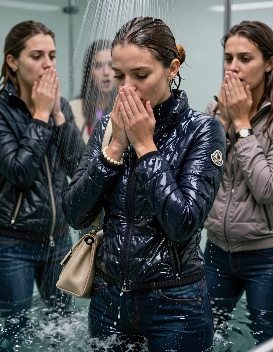 photo of young woman, in soaking wet, drenched clothes,
, Skinny jeans, Moncler shiny puffer down jacket, tight turtleneck sweater belly free, shoulderbag, pearl necklace, bracelet, wristwatch, Under the shower, strong jet of water, at office , 
enjoying, wet clothes stuck to body,
detailed textures of the wet clothes, wet face, wet plastered hair,
wet, drenched, professional, high-quality details, full body view.
sharp focus, ultra-high pixel detail, realistic, high-quality, full colors, incredibly detailed, 4k, 8k, 16k, hyper-realistic, RAW photo, masterpiece, ultra-detailed, professionally color graded, professional photograph, Brunette Sleek bun

 15-years-old  teenage girl and her female  friends

Only head and shoulders are over the surface visible. Looking down. Open mouth, half closed eyes . Hold her hands on her mouth and nose . hugs her friend. Water running down her face and neck.

The girls wear different clothes and down jackets.

she is completely underwater up to her neck, horny and astonished expression. 

her clothing is soaking wet and clinging tightly to her skin, showing heavy wet folds, darkened fabric texture, and deep water-saturated Patches, her clothes are heavy from the water, water runs from her body and her clothes in streams. A lot of water also runs out of her clothes. Her clothes are darkened by the water. Her submerged clothes are good visible under the water.  she soaked her handbag into the water.

close up view, wet skin, wet clothes, wet hair, damp fabric, water runs down the clothes, wet skin, wet clothes, damp fabric. cinematic medium shot, hyper-realistic wetness, high-contrast water sheen, sharp focus, 16k resolution, professional photography, realistic water physics., wet skin, wet clothes, damp fabric, wet skin, wet clothes, damp fabric, wet skin, wet clothes, damp fabric, wet skin, wet clothes, damp fabric, wet skin, wet clothes, damp fabric, wet skin, wet clothes, damp fabric, wet skin, wet clothes, damp fabric, wet skin, wet clothes, damp fabric, wet skin, wet clothes, damp fabric