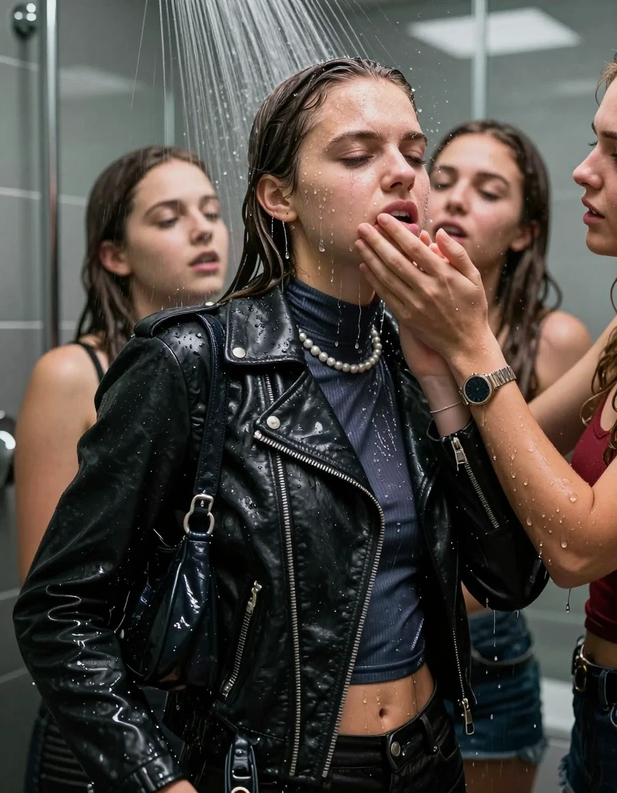photo of young woman, in soaking wet, drenched clothes,
, , Biker leatherjacket, tight turtleneck sweater belly free, shoulderbag, pearl necklace, bracelet, wristwatch, Intense Orgasm Under the shower, strong jet of water, modern mirrored bathroom, 
enjoying, wet clothes stuck to body,
detailed textures of the wet clothes, wet face, wet plastered hair,
wet, drenched, professional, high-quality details, full body view.
sharp focus, ultra-high pixel detail, realistic, high-quality, full colors, incredibly detailed, 4k, 8k, 16k, hyper-realistic, RAW photo, masterpiece, ultra-detailed, professionally color graded, professional photograph, Sleek long straight hair

 21 years old  school girl and her female  friends

Only head and shoulders are over the surface visible. Looking slightly away. Open mouth, half closed eyes . Her mouth is covered by her friends Hand. hugs her friend. Water running down her face and neck.

The girls wear different clothes.

she is completely underwater up to her neck, horny and painful expression. 

her clothing is soaking wet and clinging tightly to her skin, showing heavy wet folds, darkened fabric texture, and deep water-saturated Patches, her clothes are heavy from the water, water runs from her body and her clothes in streams. A lot of water also runs out of her clothes. Her clothes are darkened by the water. Her submerged clothes are good visible under the water.  she soaked her handbag into the water.

close up view, wet skin, wet clothes, wet hair, damp fabric, water runs down the clothes, wet skin, wet clothes, damp fabric. cinematic medium shot, hyper-realistic wetness, high-contrast water sheen, sharp focus, 16k resolution, professional photography, realistic water physics., wet skin, wet clothes, damp fabric, wet skin, wet clothes, damp fabric, wet skin, wet clothes, damp fabric, wet skin, wet clothes, damp fabric, wet skin, wet clothes, damp fabric, wet skin, wet clothes, damp fabric, wet skin, wet clothes, damp fabric, wet skin, wet clothes, damp fabric, wet skin, wet clothes, damp fabric
