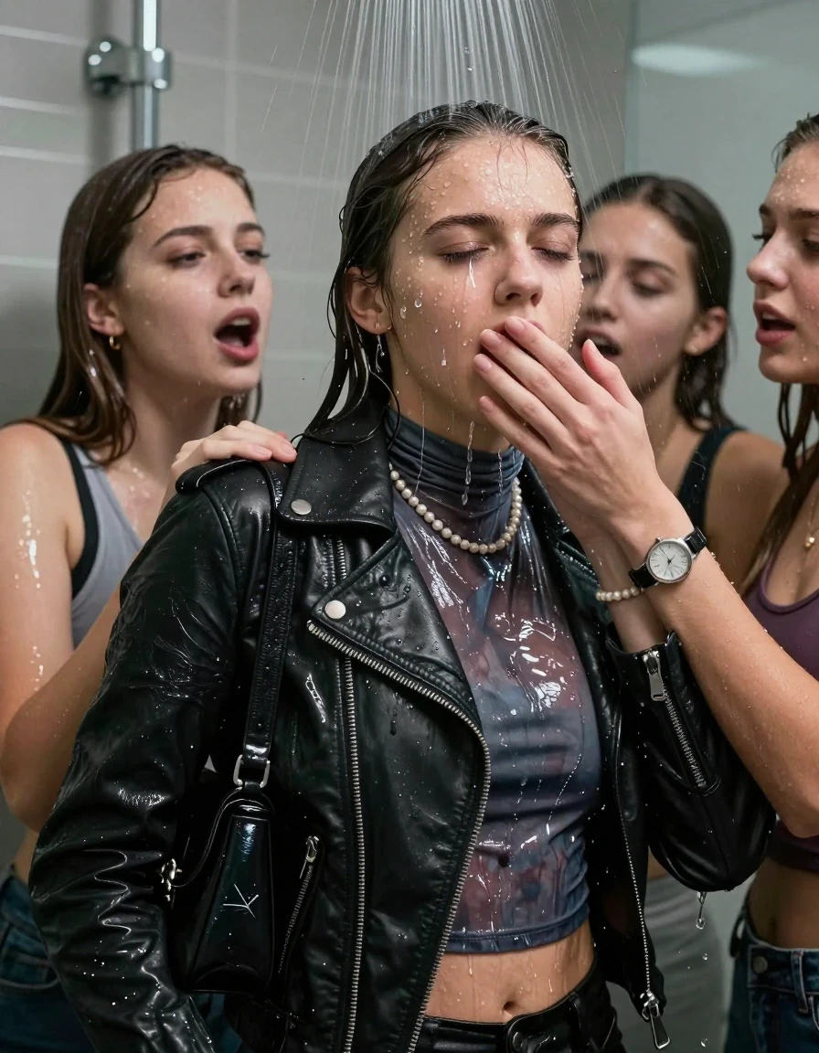 photo of young woman, in soaking wet, drenched clothes,
, , Biker leatherjacket, tight turtleneck sweater belly free, shoulderbag, pearl necklace, bracelet, wristwatch, Intense Orgasm Under the shower, strong jet of water, modern mirrored bathroom, 
enjoying, wet clothes stuck to body,
detailed textures of the wet clothes, wet face, wet plastered hair,
wet, drenched, professional, high-quality details, full body view.
sharp focus, ultra-high pixel detail, realistic, high-quality, full colors, incredibly detailed, 4k, 8k, 16k, hyper-realistic, RAW photo, masterpiece, ultra-detailed, professionally color graded, professional photograph, Sleek long straight hair

 21 years old  school girl and her female  friends

Only head and shoulders are over the surface visible. Looking at Camera . Open mouth, half closed eyes . Her mouth is covered by her friends Hand. hugs her friend. Water running down her face and neck.

The girls wear different clothes.

she is completely underwater up to her neck, horny and painful expression. 

her clothing is soaking wet and clinging tightly to her skin, showing heavy wet folds, darkened fabric texture, and deep water-saturated Patches, her clothes are heavy from the water, water runs from her body and her clothes in streams. A lot of water also runs out of her clothes. Her clothes are darkened by the water. Her submerged clothes are good visible under the water.  she soaked her handbag into the water.

close up view, wet skin, wet clothes, wet hair, damp fabric, water runs down the clothes, wet skin, wet clothes, damp fabric. cinematic medium shot, hyper-realistic wetness, high-contrast water sheen, sharp focus, 16k resolution, professional photography, realistic water physics., wet skin, wet clothes, damp fabric, wet skin, wet clothes, damp fabric, wet skin, wet clothes, damp fabric, wet skin, wet clothes, damp fabric, wet skin, wet clothes, damp fabric, wet skin, wet clothes, damp fabric, wet skin, wet clothes, damp fabric, wet skin, wet clothes, damp fabric, wet skin, wet clothes, damp fabric