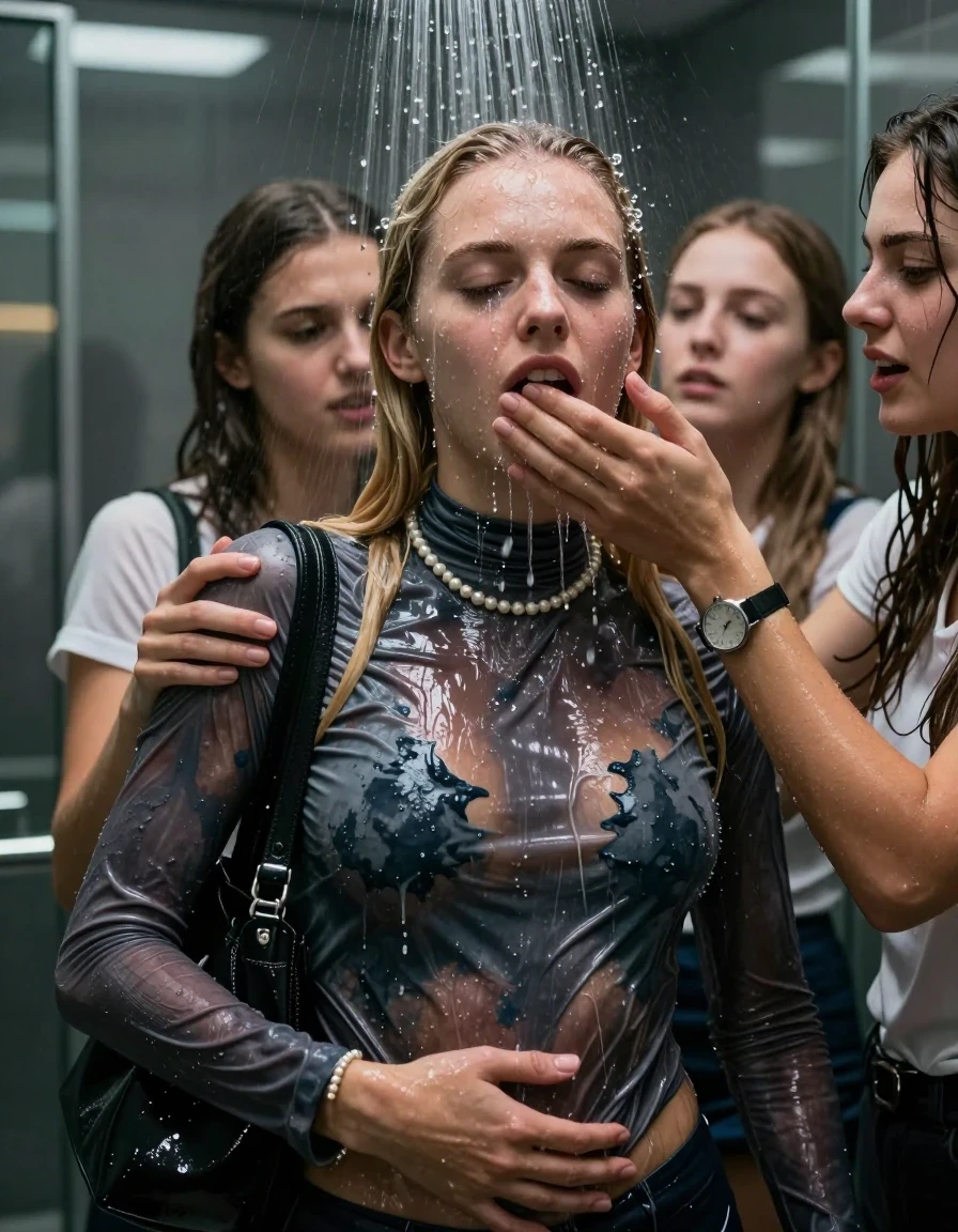 photo of young woman, in soaking wet, drenched clothes,
, ,  tight turtleneck sweater belly free, shoulderbag, pearl necklace, bracelet, wristwatch, Intense Orgasm Under the shower, strong jet of water, modern mirrored bathroom, 
enjoying, wet clothes stuck to body,
detailed textures of the wet clothes, wet face, wet plastered hair,
wet, drenched, professional, high-quality details, full body view.
sharp focus, ultra-high pixel detail, realistic, high-quality, full colors, incredibly detailed, 4k, 8k, 16k, hyper-realistic, RAW photo, masterpiece, ultra-detailed, professionally color graded, professional photograph, Blonde Sleek long straight hair

 21 years old  school girl and her female  friends

Only head and shoulders are over the surface visible. Looking at Camera . Open mouth, half closed eyes . Her mouth is covered by her friends Hand. hugs her friend. Water running down her face and neck.

The girls wear different clothes.

she is completely underwater up to her neck, horny and painful expression. 

her clothing is soaking wet and clinging tightly to her skin, showing heavy wet folds, darkened fabric texture, and deep water-saturated Patches, her clothes are heavy from the water, water runs from her body and her clothes in streams. A lot of water also runs out of her clothes. Her clothes are darkened by the water. Her submerged clothes are good visible under the water.  she soaked her handbag into the water.

close up view, wet skin, wet clothes, wet hair, damp fabric, water runs down the clothes, wet skin, wet clothes, damp fabric. cinematic medium shot, hyper-realistic wetness, high-contrast water sheen, sharp focus, 16k resolution, professional photography, realistic water physics., wet skin, wet clothes, damp fabric, wet skin, wet clothes, damp fabric, wet skin, wet clothes, damp fabric, wet skin, wet clothes, damp fabric, wet skin, wet clothes, damp fabric, wet skin, wet clothes, damp fabric, wet skin, wet clothes, damp fabric, wet skin, wet clothes, damp fabric, wet skin, wet clothes, damp fabric