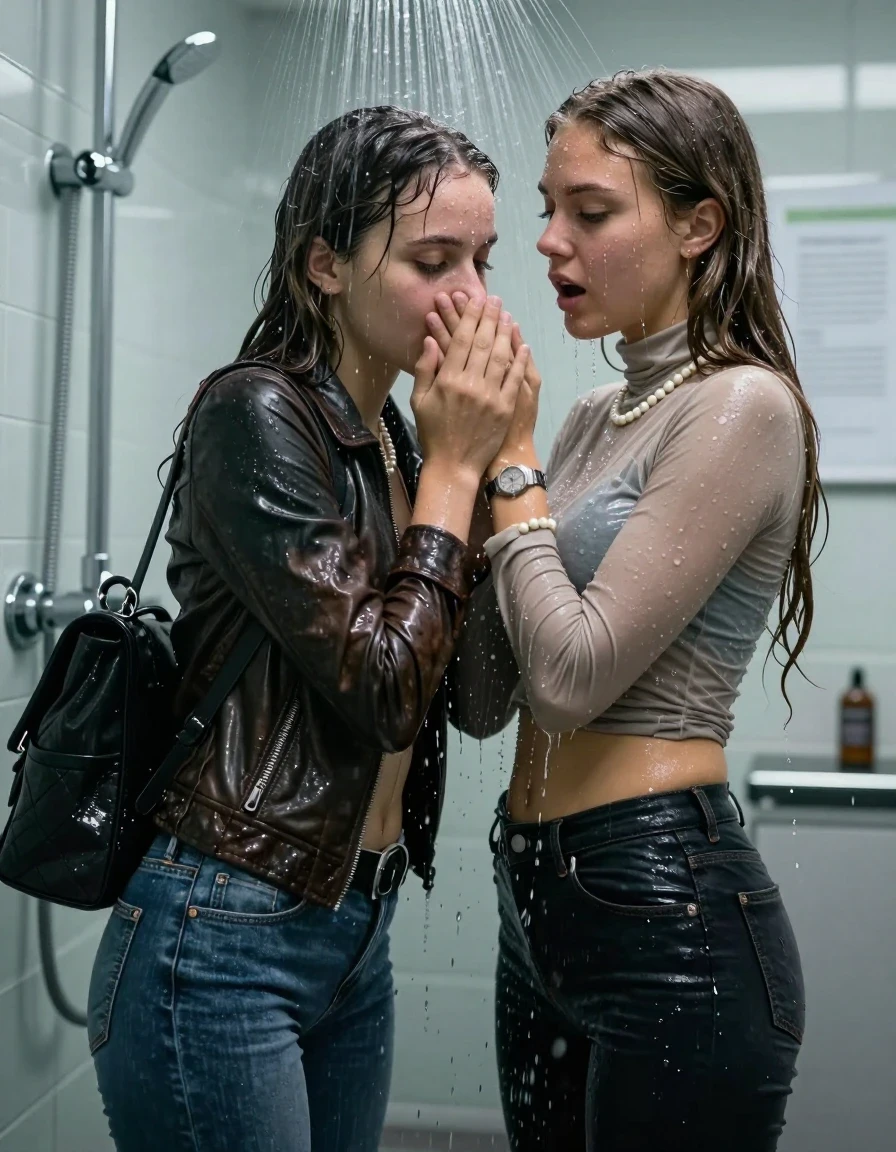 photo of young woman, in soaking wet, drenched clothes,
, Skinny jeans, Leatherjacket, Long sleeve turtleneck sweater belly free, shoulderbag, pearl necklace, bracelet, wristwatch, Under the shower emerging in a tube, strong jet with tons of water, at office , 
enjoying, wet clothes stuck to body,
detailed textures of the wet clothes, wet face, wet plastered hair,
wet, drenched, professional, high-quality details, full body view.
sharp focus, ultra-high pixel detail, realistic, high-quality, full colors, incredibly detailed, 4k, 8k, 16k, hyper-realistic, RAW photo, masterpiece, ultra-detailed, professionally color graded, professional photograph, Long Sleek straight hair

Two 15-years-old  teenage girl and her female  friends

Only head and shoulders are over the surface visible. Looking down. Open mouth. Covers the mouth of her friend with a hand.   hugs her friend. Water running down her face and neck.

The girls wear different clothes and jackets.

she is completely underwater up to her neck, afraid and astonished expression. 

her clothing is soaking wet and clinging tightly to her skin, showing heavy wet folds, darkened fabric texture, and deep water-saturated Patches, her clothes are heavy from the water, water runs from her body and her clothes in streams. A lot of water also runs out of her clothes. Her clothes are darkened by the water. Her submerged clothes are good visible under the water.  she soaked her handbag into the water.

close up view, wet skin, wet clothes, wet hair, damp fabric, water runs down the clothes, wet skin, wet clothes, damp fabric. cinematic medium shot, hyper-realistic wetness, high-contrast water sheen, sharp focus, 16k resolution, professional photography, realistic water physics., wet skin, wet clothes, damp fabric, wet skin, wet clothes, damp fabric, wet skin, wet clothes, damp fabric, wet skin, wet clothes, damp fabric, wet skin, wet clothes, damp fabric, wet skin, wet clothes, damp fabric, wet skin, wet clothes, damp fabric, wet skin, wet clothes, damp fabric, wet skin, wet clothes, damp fabric