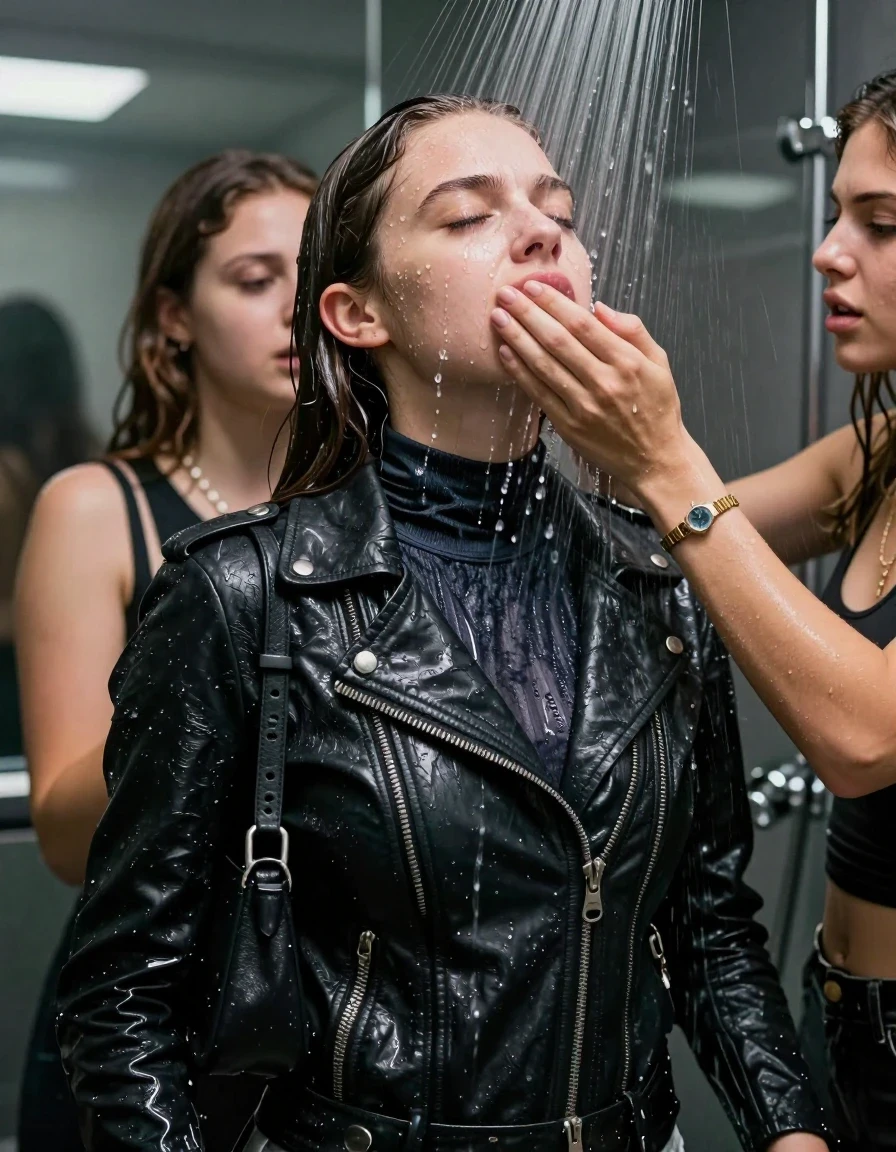 photo of young woman, in soaking wet, drenched clothes,
, , Biker leatherjacket, tight turtleneck sweater belly free, shoulderbag, pearl necklace, bracelet, wristwatch, Intense Orgasm Under the shower, strong jet of water, modern mirrored bathroom, 
enjoying, wet clothes stuck to body,
detailed textures of the wet clothes, wet face, wet plastered hair,
wet, drenched, professional, high-quality details, full body view.
sharp focus, ultra-high pixel detail, realistic, high-quality, full colors, incredibly detailed, 4k, 8k, 16k, hyper-realistic, RAW photo, masterpiece, ultra-detailed, professionally color graded, professional photograph, Sleek long straight hair

 21 years old  school girl and her female  friends

Only head and shoulders are over the surface visible. Looking slightly away. Open mouth, closed eyes . Her mouth is covered by her friends Hand. hugs her friend. Water running down her face and neck.

The girls wear different clothes.

she is completely underwater up to her neck, horny and painful expression. 

her clothing is soaking wet and clinging tightly to her skin, showing heavy wet folds, darkened fabric texture, and deep water-saturated Patches, her clothes are heavy from the water, water runs from her body and her clothes in streams. A lot of water also runs out of her clothes. Her clothes are darkened by the water. Her submerged clothes are good visible under the water.  she soaked her handbag into the water.

close up view, wet skin, wet clothes, wet hair, damp fabric, water runs down the clothes, wet skin, wet clothes, damp fabric. cinematic medium shot, hyper-realistic wetness, high-contrast water sheen, sharp focus, 16k resolution, professional photography, realistic water physics., wet skin, wet clothes, damp fabric, wet skin, wet clothes, damp fabric, wet skin, wet clothes, damp fabric, wet skin, wet clothes, damp fabric, wet skin, wet clothes, damp fabric, wet skin, wet clothes, damp fabric, wet skin, wet clothes, damp fabric, wet skin, wet clothes, damp fabric, wet skin, wet clothes, damp fabric