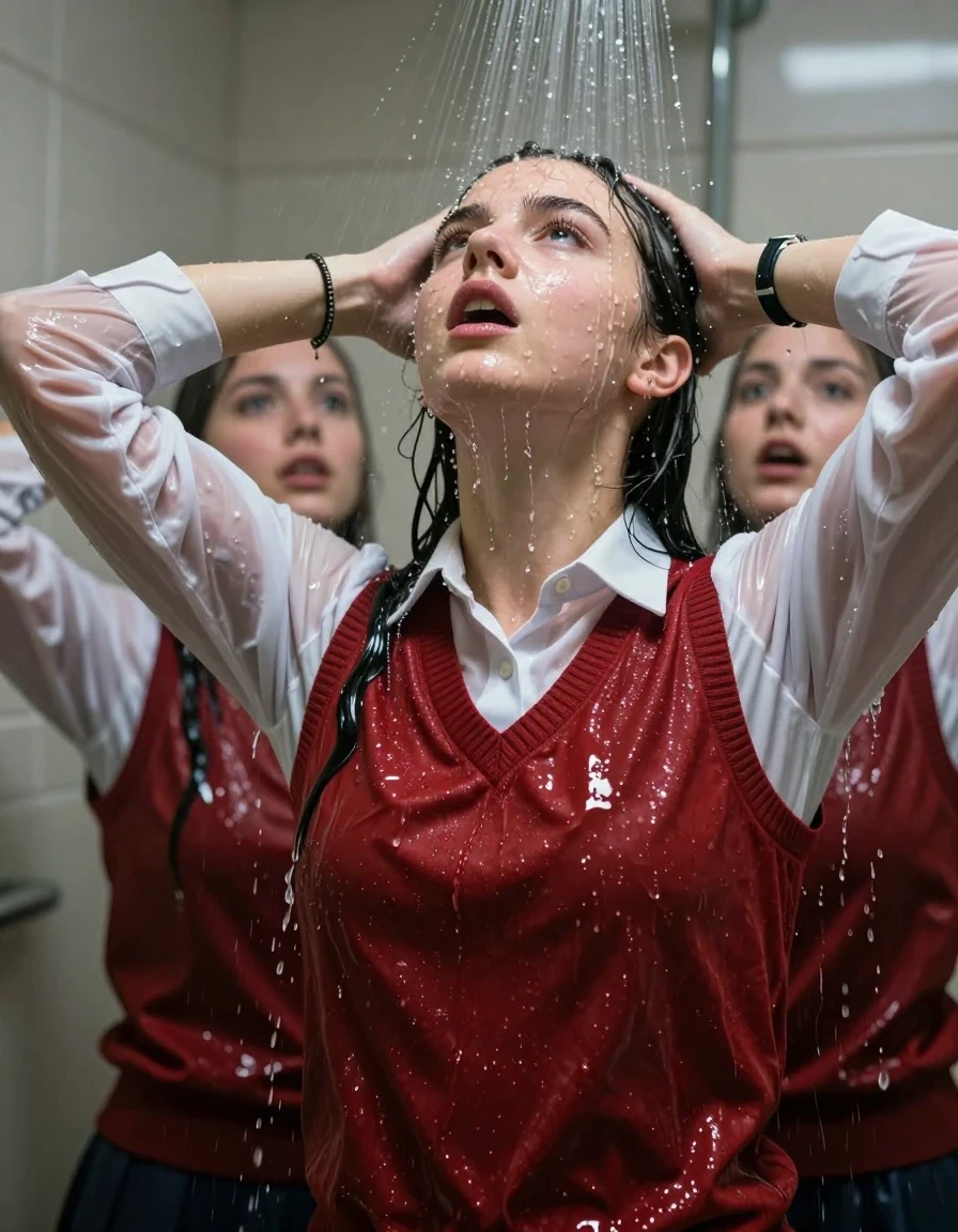 photo of young woman, in soaking wet, drenched clothes,
, , Red v-neck jumper, long sleeve smart white school shirt bracelet, wristwatch, Under the shower, strong jet of water, party room, 
enjoying, wet clothes stuck to body,
detailed textures of the wet clothes, wet face, wet plastered hair,
wet, drenched, professional, high-quality details, full body view.
sharp focus, ultra-high pixel detail, realistic, high-quality, full colors, incredibly detailed, 4k, 8k, 16k, hyper-realistic, RAW photo, masterpiece, ultra-detailed, professionally color graded, professional photograph, Two 18 year old ladies

Only head and shoulders are over the surface visible. Open mouth, closed eyes. Looking up. Hands up. Water running down her face and neck

The girls wear same clothes.

she is completely underwater up to her neck, surprised and astonished expression. 

her clothing is soaking wet and clinging tightly to her skin, showing heavy wet folds, darkened fabric texture, and deep water-saturated Patches, her clothes are heavy from the water, water runs from her body and her clothes in streams. A lot of water also runs out of her clothes. Her clothes are darkened by the water. Her submerged clothes are good visible under the water.  she soaked her handbag into the water.

close up view, wet skin, wet clothes, wet hair, damp fabric, water runs down the clothes, wet skin, wet clothes, damp fabric. cinematic medium shot, hyper-realistic wetness, high-contrast water sheen, sharp focus, 16k resolution, professional photography, realistic water physics., wet skin, wet clothes, damp fabric, wet skin, wet clothes, damp fabric, wet skin, wet clothes, damp fabric, wet skin, wet clothes, damp fabric, wet skin, wet clothes, damp fabric, wet skin, wet clothes, damp fabric