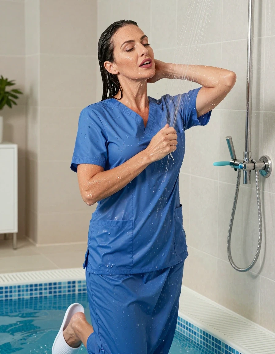 photo of young woman, in soaking wet, drenched clothes,
white slippers, blue scrubs skirt, blue scrubs top, taking shower after bath in indoor swimming pool, enjoying wet clothes stuck body, enjoying, wet clothes stuck to body, 
enjoying, wet clothes stuck to body,
detailed textures of the wet clothes, wet face, wet plastered hair,
wet, drenched, professional, high-quality details, full body view.
sharp focus, ultra-high pixel detail, realistic, high-quality, full colors, incredibly detailed, 4k, 8k, 16k, hyper-realistic, RAW photo, masterpiece, ultra-detailed, professionally color graded, professional photograph, europen brunette skinny woman 50 years old, long dark black hair, very big and thick lips, complete body, wet skin, wet clothes, damp fabric, wet skin, wet clothes, damp fabric, wet skin, wet clothes, damp fabric, wet skin, wet clothes, damp fabric, wet skin, wet clothes, damp fabric, wet skin, wet clothes, damp fabric, wet skin, wet clothes, damp fabric