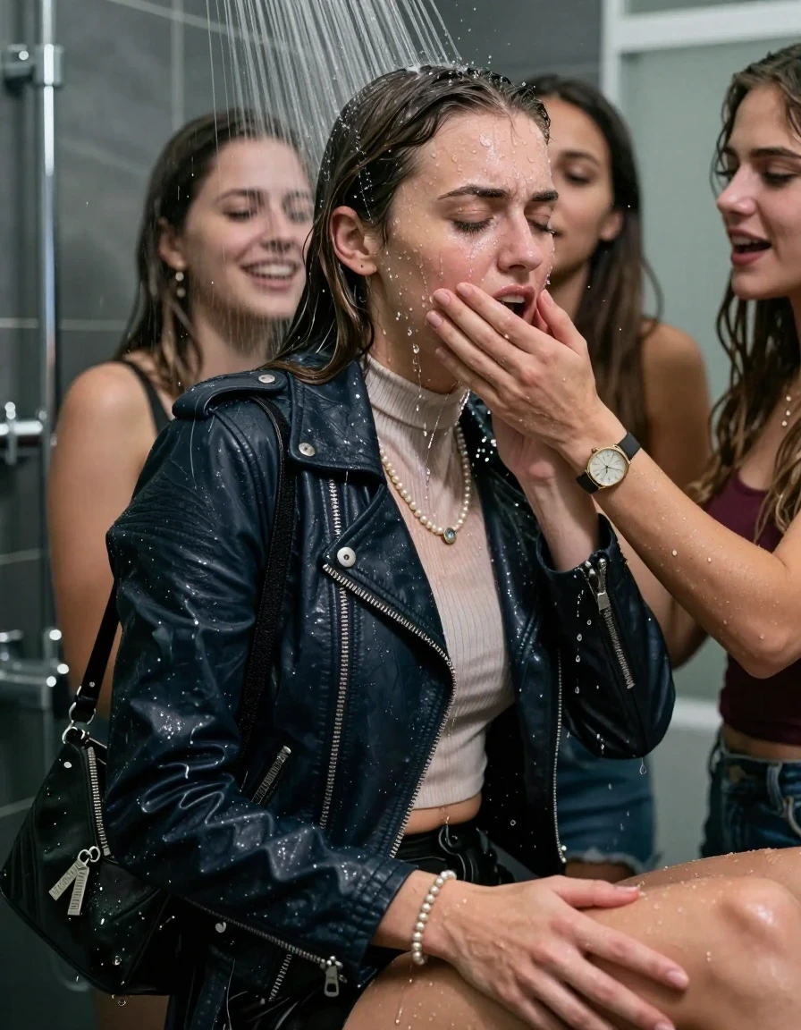 photo of young woman, in soaking wet, drenched clothes,
, , Biker leatherjacket, tight turtleneck sweater belly free, shoulderbag, pearl necklace, bracelet, wristwatch, Intense Orgasm Under the shower, strong jet of water, modern mirrored bathroom, 
enjoying, wet clothes stuck to body,
detailed textures of the wet clothes, wet face, wet plastered hair,
wet, drenched, professional, high-quality details, full body view.
sharp focus, ultra-high pixel detail, realistic, high-quality, full colors, incredibly detailed, 4k, 8k, 16k, hyper-realistic, RAW photo, masterpiece, ultra-detailed, professionally color graded, professional photograph, Sleek long straight hair

 21 years old  school girl and her female  friends

Only head and shoulders are over the surface visible. Looking slightly away. Open mouth, closed eyes . Arms on her legs. Her mouth is covered by her friends Hand. hugs her friend. Water running down her face and neck.

The girls wear different clothes.

she is completely underwater up to her neck, horny and painful expression. 

her clothing is soaking wet and clinging tightly to her skin, showing heavy wet folds, darkened fabric texture, and deep water-saturated Patches, her clothes are heavy from the water, water runs from her body and her clothes in streams. A lot of water also runs out of her clothes. Her clothes are darkened by the water. Her submerged clothes are good visible under the water.  she soaked her handbag into the water.

close up view, wet skin, wet clothes, wet hair, damp fabric, water runs down the clothes, wet skin, wet clothes, damp fabric. cinematic medium shot, hyper-realistic wetness, high-contrast water sheen, sharp focus, 16k resolution, professional photography, realistic water physics., wet skin, wet clothes, damp fabric, wet skin, wet clothes, damp fabric, wet skin, wet clothes, damp fabric, wet skin, wet clothes, damp fabric, wet skin, wet clothes, damp fabric, wet skin, wet clothes, damp fabric, wet skin, wet clothes, damp fabric, wet skin, wet clothes, damp fabric, wet skin, wet clothes, damp fabric