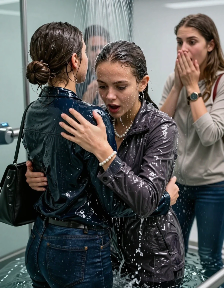 photo of young woman, in soaking wet, drenched clothes,
, Skinny jeans, Woolen Winter coat, Long sleeve turtleneck sweater belly free, shoulderbag, pearl necklace, bracelet, wristwatch, Under the shower emerging in a tube, strong jet of water, at office , 
enjoying, wet clothes stuck to body,
detailed textures of the wet clothes, wet face, wet plastered hair,
wet, drenched, professional, high-quality details, full body view.
sharp focus, ultra-high pixel detail, realistic, high-quality, full colors, incredibly detailed, 4k, 8k, 16k, hyper-realistic, RAW photo, masterpiece, ultra-detailed, professionally color graded, professional photograph, Brunette Sleek bun

 15-years-old  teenage girl and her female  friends

Only head and shoulders are over the surface visible. Looking down. Open mouth, big eyes . Covers her nose with a hand. hugs her friend. Water running down her face and neck.

The girls wear different clothes and jackets.

she is completely underwater up to her neck, horny and astonished expression. 

her clothing is soaking wet and clinging tightly to her skin, showing heavy wet folds, darkened fabric texture, and deep water-saturated Patches, her clothes are heavy from the water, water runs from her body and her clothes in streams. A lot of water also runs out of her clothes. Her clothes are darkened by the water. Her submerged clothes are good visible under the water.  she soaked her handbag into the water.

close up view, wet skin, wet clothes, wet hair, damp fabric, water runs down the clothes, wet skin, wet clothes, damp fabric. cinematic medium shot, hyper-realistic wetness, high-contrast water sheen, sharp focus, 16k resolution, professional photography, realistic water physics., wet skin, wet clothes, damp fabric, wet skin, wet clothes, damp fabric, wet skin, wet clothes, damp fabric, wet skin, wet clothes, damp fabric, wet skin, wet clothes, damp fabric, wet skin, wet clothes, damp fabric, wet skin, wet clothes, damp fabric, wet skin, wet clothes, damp fabric, wet skin, wet clothes, damp fabric