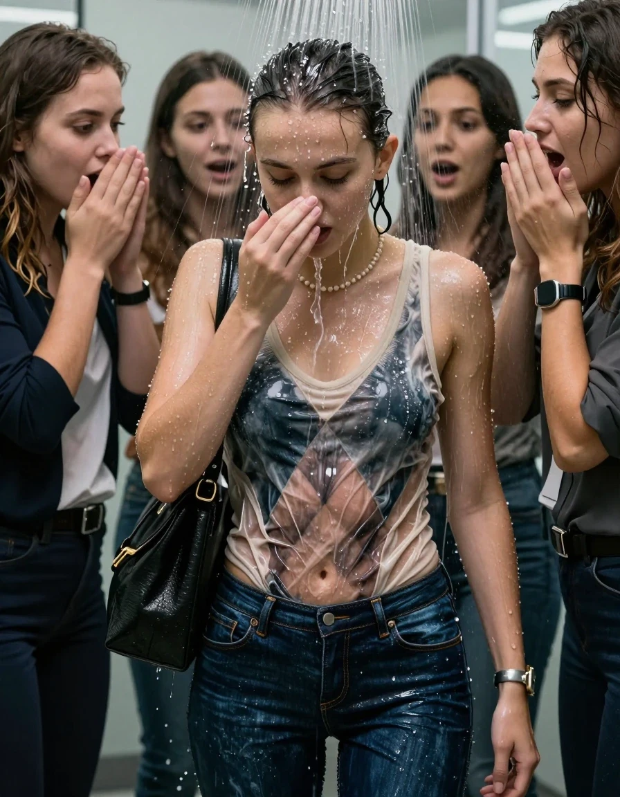 photo of young woman, in soaking wet, drenched clothes,
, Skinny jeans, V-neck sweater with a diamond pattern belly free, shoulderbag, pearl necklace, bracelet, wristwatch, Under the shower emerging in a tube, strong jet of water, at office , 
enjoying, wet clothes stuck to body,
detailed textures of the wet clothes, wet face, wet plastered hair,
wet, drenched, professional, high-quality details, full body view.
sharp focus, ultra-high pixel detail, realistic, high-quality, full colors, incredibly detailed, 4k, 8k, 16k, hyper-realistic, RAW photo, masterpiece, ultra-detailed, professionally color graded, professional photograph, Brunette Sleek bun

 15-years-old  teenage girl and her female  friends

Only head and shoulders are over the surface visible. Looking down. Open mouth, big eyes . Covers her nose with a hand. hugs her friend. Water running down her face and neck.

The girls wear different clothes and jackets.

she is completely underwater up to her neck, horny and astonished expression. 

her clothing is soaking wet and clinging tightly to her skin, showing heavy wet folds, darkened fabric texture, and deep water-saturated Patches, her clothes are heavy from the water, water runs from her body and her clothes in streams. A lot of water also runs out of her clothes. Her clothes are darkened by the water. Her submerged clothes are good visible under the water.  she soaked her handbag into the water.

close up view, wet skin, wet clothes, wet hair, damp fabric, water runs down the clothes, wet skin, wet clothes, damp fabric. cinematic medium shot, hyper-realistic wetness, high-contrast water sheen, sharp focus, 16k resolution, professional photography, realistic water physics., wet skin, wet clothes, damp fabric, wet skin, wet clothes, damp fabric, wet skin, wet clothes, damp fabric, wet skin, wet clothes, damp fabric, wet skin, wet clothes, damp fabric, wet skin, wet clothes, damp fabric, wet skin, wet clothes, damp fabric, wet skin, wet clothes, damp fabric, wet skin, wet clothes, damp fabric