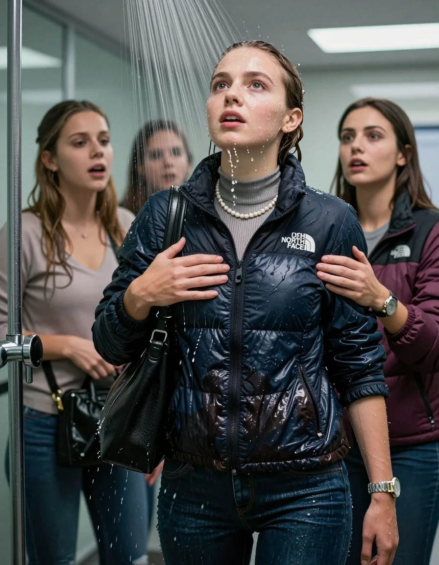 photo of young woman, in soaking wet, drenched clothes,
, Skinny jeans, North face puffer down jacket, tight turtleneck sweater belly free, shoulderbag, pearl necklace, bracelet, wristwatch, Under the shower standing in a tube, strong jet of water, at office , 
enjoying, wet clothes stuck to body,
detailed textures of the wet clothes, wet face, wet plastered hair,
wet, drenched, professional, high-quality details, full body view.
sharp focus, ultra-high pixel detail, realistic, high-quality, full colors, incredibly detailed, 4k, 8k, 16k, hyper-realistic, RAW photo, masterpiece, ultra-detailed, professionally color graded, professional photograph, Brunette Sleek bun

 15-years-old  teenage girl and her female  friends

Only head and shoulders are over the surface visible. Looking up. Open mouth, half big eyes . hugs her friend. Water running down her face and neck.

The girls wear different clothes and jackets.

she is completely underwater up to her neck, horny and astonished expression. 

her clothing is soaking wet and clinging tightly to her skin, showing heavy wet folds, darkened fabric texture, and deep water-saturated Patches, her clothes are heavy from the water, water runs from her body and her clothes in streams. A lot of water also runs out of her clothes. Her clothes are darkened by the water. Her submerged clothes are good visible under the water.  she soaked her handbag into the water.

close up view, wet skin, wet clothes, wet hair, damp fabric, water runs down the clothes, wet skin, wet clothes, damp fabric. cinematic medium shot, hyper-realistic wetness, high-contrast water sheen, sharp focus, 16k resolution, professional photography, realistic water physics., wet skin, wet clothes, damp fabric, wet skin, wet clothes, damp fabric, wet skin, wet clothes, damp fabric, wet skin, wet clothes, damp fabric, wet skin, wet clothes, damp fabric, wet skin, wet clothes, damp fabric, wet skin, wet clothes, damp fabric, wet skin, wet clothes, damp fabric, wet skin, wet clothes, damp fabric