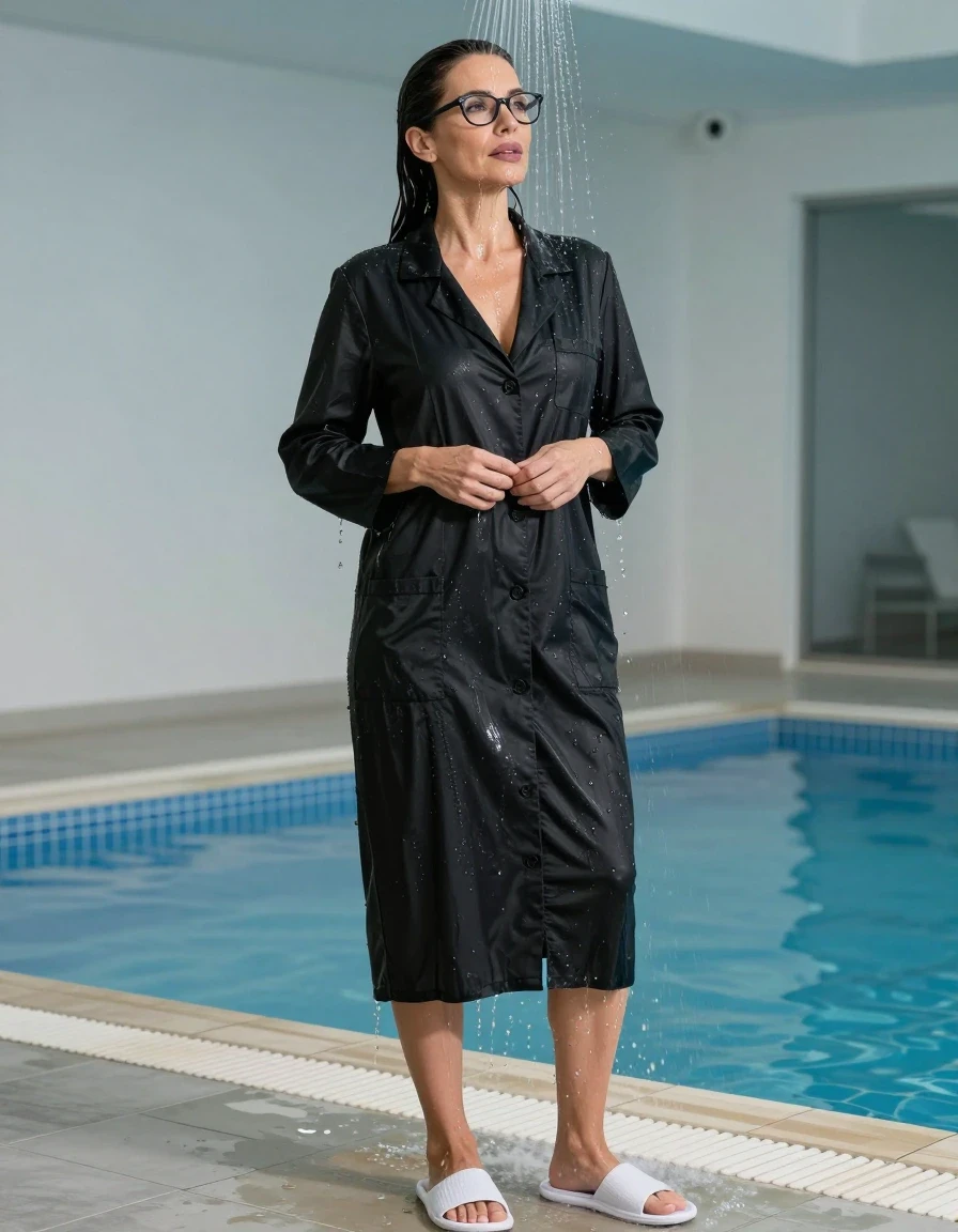photo of young woman, in soaking wet, drenched clothes,
white slippers, maxi black labdress, maxi black labdress, taking shower after bath in indoor swimming pool, enjoying wet clothes stuck body, enjoying, wet clothes stuck to body, 
enjoying, wet clothes stuck to body,
detailed textures of the wet clothes, wet face, wet plastered hair,
wet, drenched, professional, high-quality details, full body view.
sharp focus, ultra-high pixel detail, realistic, high-quality, full colors, incredibly detailed, 4k, 8k, 16k, hyper-realistic, RAW photo, masterpiece, ultra-detailed, professionally color graded, professional photograph, europen brunette skinny woman 50 years old, long dark black hair, office glasses, very big and thick lips, complete body, wet skin, wet clothes, damp fabric, wet skin, wet clothes, damp fabric, wet skin, wet clothes, damp fabric, wet skin, wet clothes, damp fabric, wet skin, wet clothes, damp fabric, wet skin, wet clothes, damp fabric, wet skin, wet clothes, damp fabric