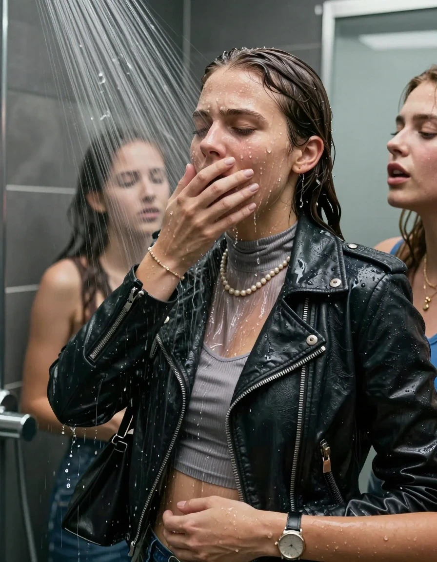 photo of young woman, in soaking wet, drenched clothes,
, , Biker leatherjacket, tight turtleneck sweater belly free, shoulderbag, pearl necklace, bracelet, wristwatch, Intense Orgasm Under the shower, strong jet of water, modern mirrored bathroom, 
enjoying, wet clothes stuck to body,
detailed textures of the wet clothes, wet face, wet plastered hair,
wet, drenched, professional, high-quality details, full body view.
sharp focus, ultra-high pixel detail, realistic, high-quality, full colors, incredibly detailed, 4k, 8k, 16k, hyper-realistic, RAW photo, masterpiece, ultra-detailed, professionally color graded, professional photograph, Sleek long  ponytail with bangs

 21 years old  school girl and her female  friends

Only head and shoulders are over the surface visible. Looking slightly away. Open mouth, closed eyes . Her mouth is covered by her friends Hand. hugs her friend. Water running down her face and neck.

The girls wear different clothes.

she is completely underwater up to her neck, horny and painful expression. 

her clothing is soaking wet and clinging tightly to her skin, showing heavy wet folds, darkened fabric texture, and deep water-saturated Patches, her clothes are heavy from the water, water runs from her body and her clothes in streams. A lot of water also runs out of her clothes. Her clothes are darkened by the water. Her submerged clothes are good visible under the water.  she soaked her handbag into the water.

close up view, wet skin, wet clothes, wet hair, damp fabric, water runs down the clothes, wet skin, wet clothes, damp fabric. cinematic medium shot, hyper-realistic wetness, high-contrast water sheen, sharp focus, 16k resolution, professional photography, realistic water physics., wet skin, wet clothes, damp fabric, wet skin, wet clothes, damp fabric, wet skin, wet clothes, damp fabric, wet skin, wet clothes, damp fabric, wet skin, wet clothes, damp fabric, wet skin, wet clothes, damp fabric, wet skin, wet clothes, damp fabric, wet skin, wet clothes, damp fabric, wet skin, wet clothes, damp fabric