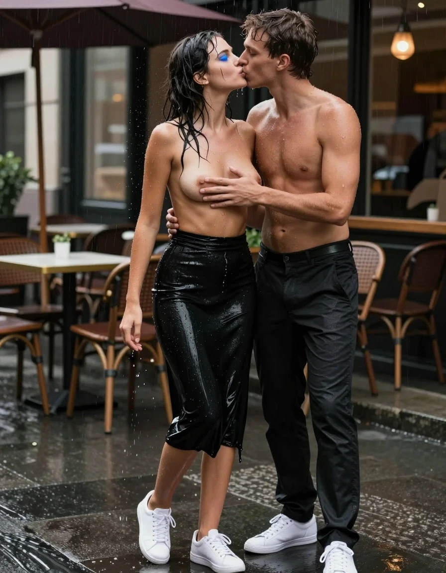 photo of young woman, in soaking wet, drenched clothes,
White sneakers, , Black midi skirt, soaked and clinging,, Topless, no bra, sheer and drenched, visible water droplets, no bra,, outdoor cafe frontage, urban sidewalk, rainy atmosphere, 
enjoying, wet clothes stuck to body,
detailed textures of the wet clothes, wet face, wet plastered hair,
wet, drenched, professional, high-quality details, full body view.
sharp focus, ultra-high pixel detail, realistic, high-quality, full colors, incredibly detailed, 4k, 8k, 16k, hyper-realistic, RAW photo, masterpiece, ultra-detailed, professionally color graded, professional photograph, a woman in an office rush frantically, her hair is very wet and dropping, she looks very erotic, she wears no bra, water is droping out of her clothes, she wears a black midi skirt, the young woman is standing in the rain, a shirtless young man is standing in front of the young woman, they hug each other, he touchs her
Breast, she kisses him with very passionately on his mouth, she likes it very much, her blue eyes are open, photorealistic lifestyle photography, rich natural color, balanced bright exposure, moderate contrast, softly lifted shadows, high-fashion editorial style, cinematic medium shot with shallow depth of field., wet skin, wet clothes, damp fabric